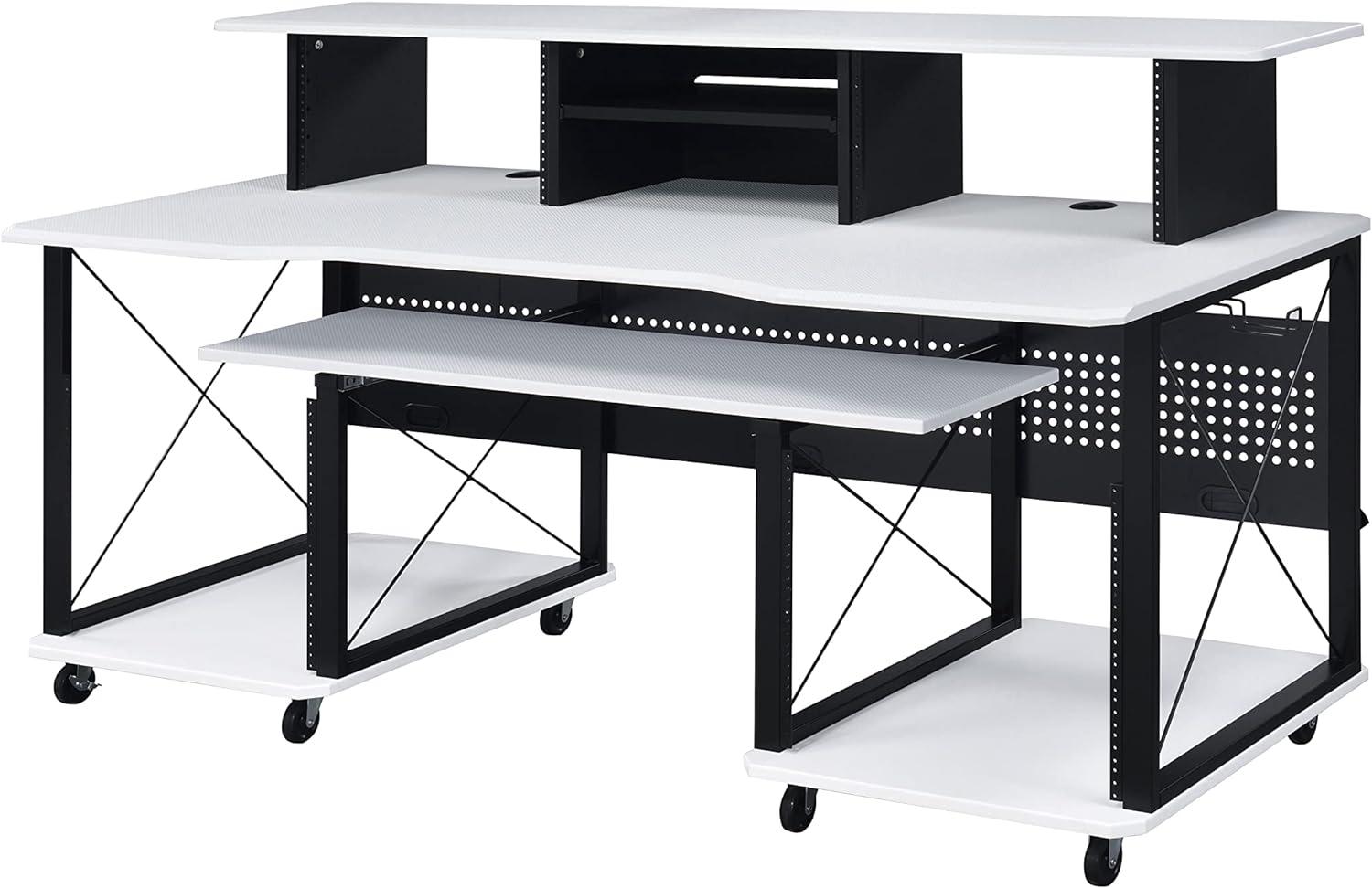 72" Megara Desks White and Black Finish - Acme Furniture: Metal Frame, Wood Surface, Open Storage Shelf