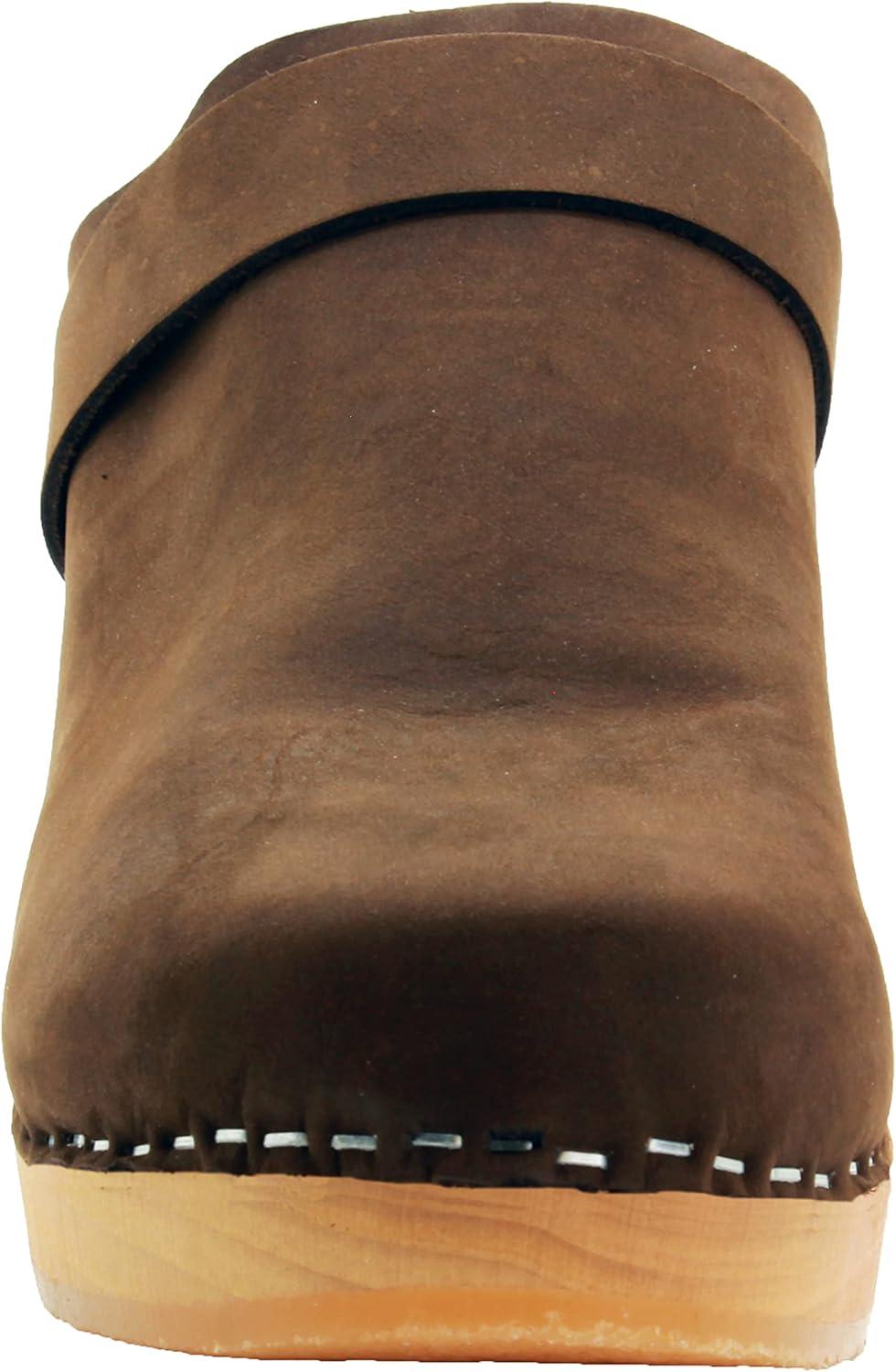 Brown Genuine Leather Mid-Heel Wooden Clogs