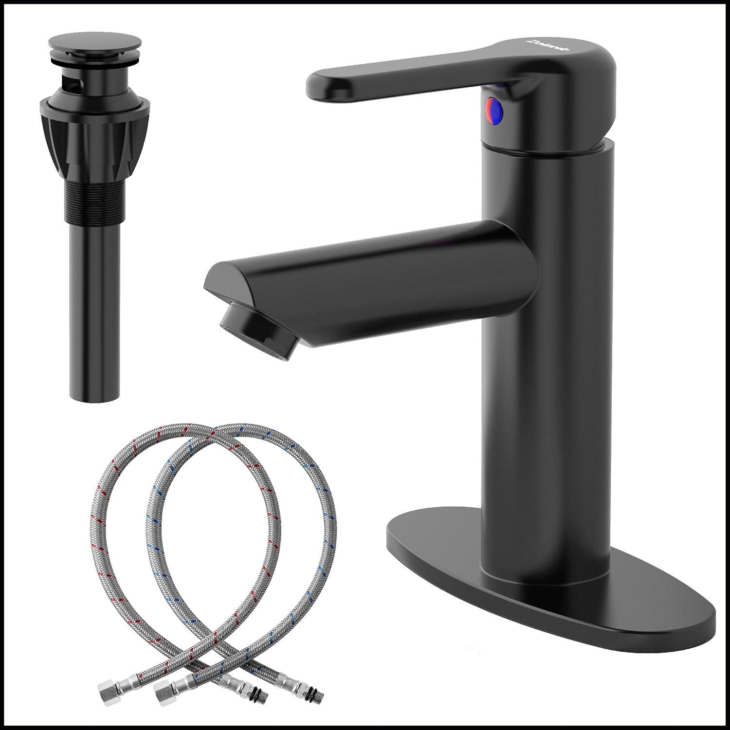 Bathroom Sink Faucet One Hole,Lavatory Tap for Basin,Matte Black Bathroom Sink Faucet with Metal Pop Up Drain Assembly， Bathroom Faucet 1 Hole with 3 Hole Deck Plate