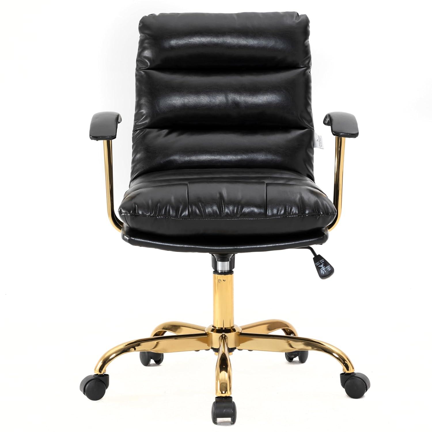 LeisureMod Regina Single Ergonomic Padded Leather Lumbar Support Adjustable Height Swivel Executive Office Chair with Gold Steel Frame