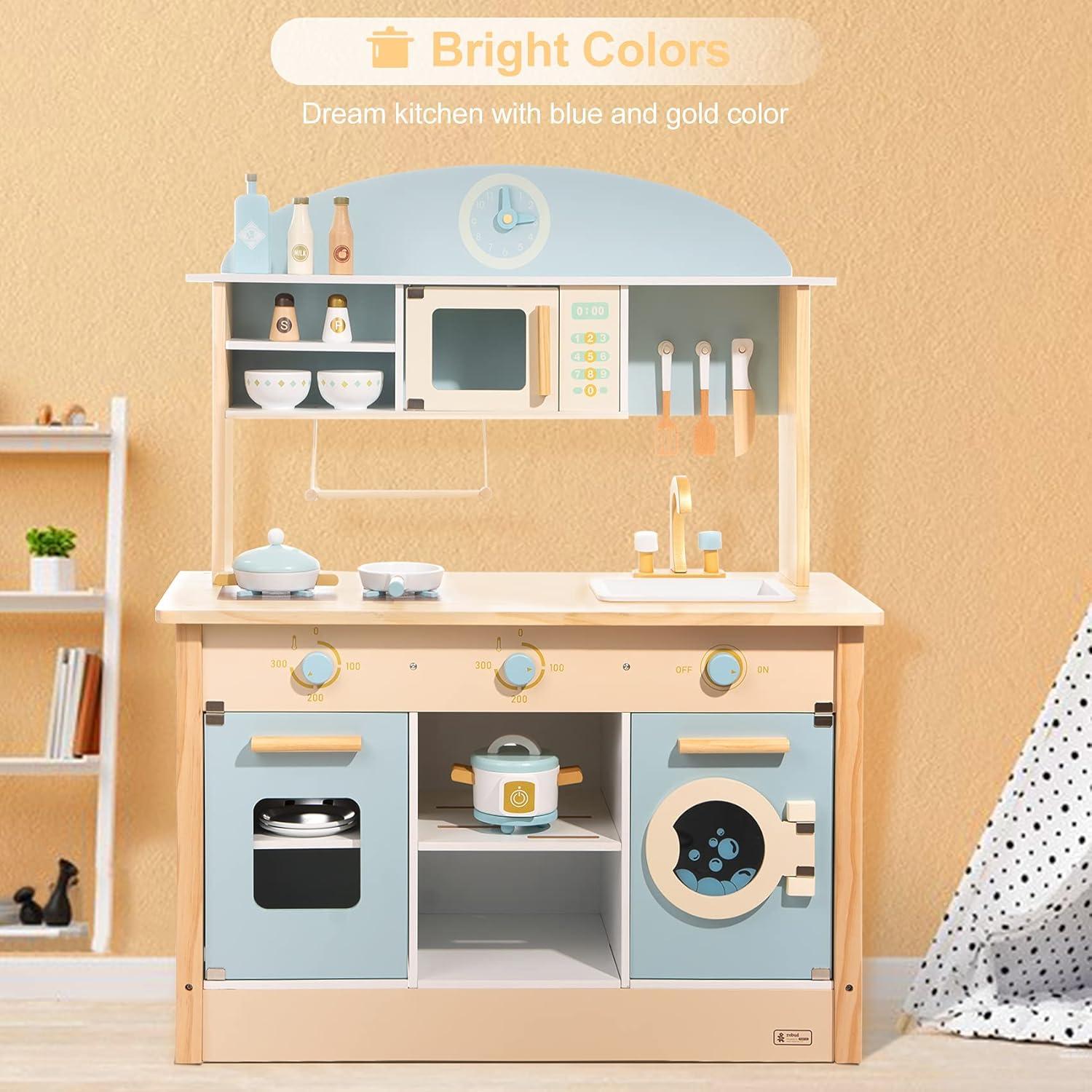 ROBUD Solid Wood Play Kitchen & Accessories Set, Preschool Kitchen Set, Kids Kitchen Playset