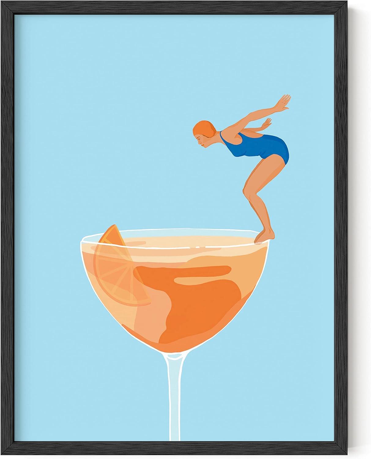 HAUS AND HUES Preppy Pictures Bar Art - Colorful Cocktail Prints, Bar Cart Accessories, Minimalist Blue and Orange Picture for Room Aesthetic, Bar Wall Decor, Vintage Aperol Spritz (12x16 Unframed)
