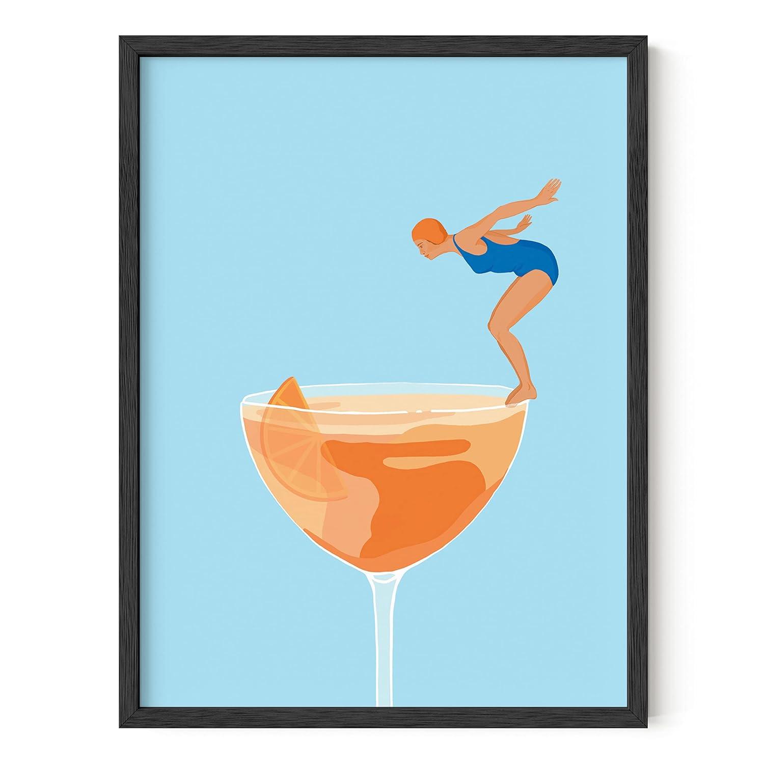 HAUS AND HUES Preppy Pictures Bar Art - Colorful Cocktail Prints, Bar Cart Accessories, Minimalist Blue and Orange Picture for Room Aesthetic, Bar Wall Decor, Vintage Aperol Spritz (12x16 Unframed)