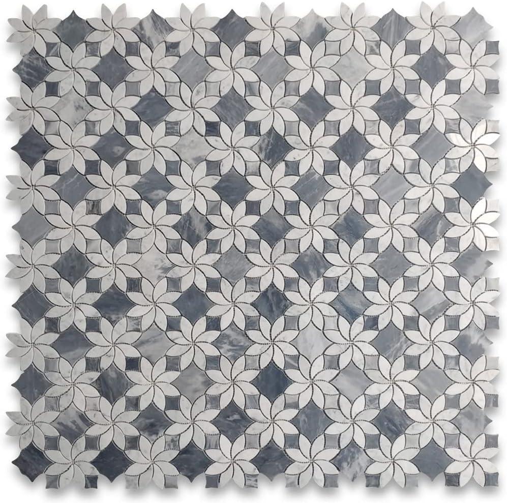 Stone Center Online Carrara White Marble Ice Flower Blossom Waterjet Mosaic Tile w/Bardiglio Gray Polished Kitchen Bath Wall Floor Backsplash Shower (1 Sheet)