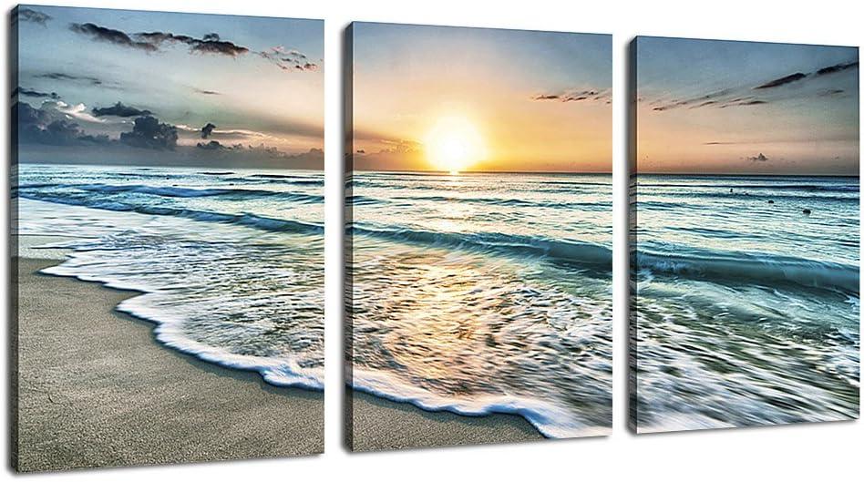 Canvas Wall Art Beach Sunset Ocean Waves Wall Decor 3 Pieces x 12" x 16" Modern Seascape Canvas Artwork Contemporary Nature Pictures Painting Giclee Prints Framed Ready to Hang for Home Decoration