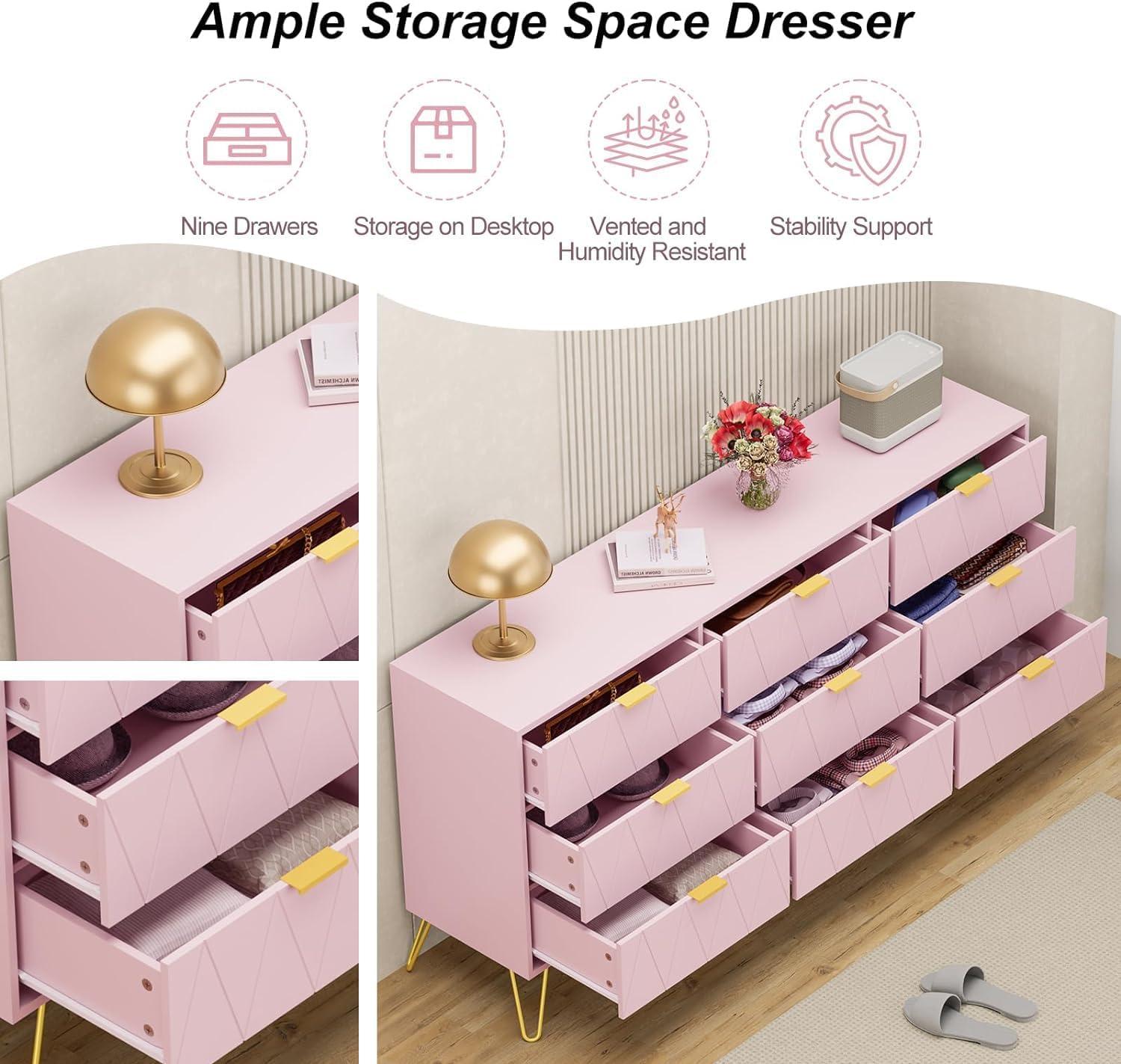 Pink Geometric 9-Drawer Dresser with Gold Accents