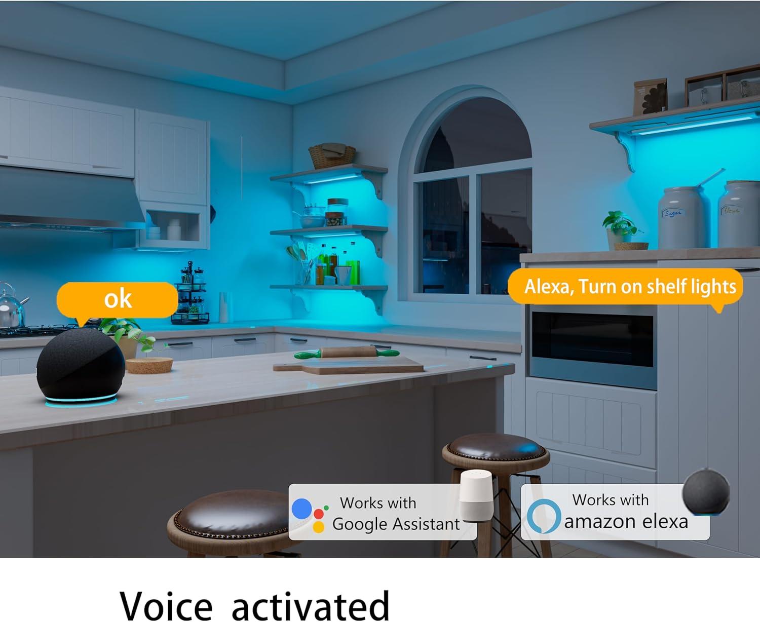 Smart Under Cabinet Lighting Strip Lights White & Color Changing Dimmable Work with Alexa Google Smart Thing Phone App, RGB Multi Colored Lamp for Kitchen Counter Light Fixture (6 Lights Bar Kit)