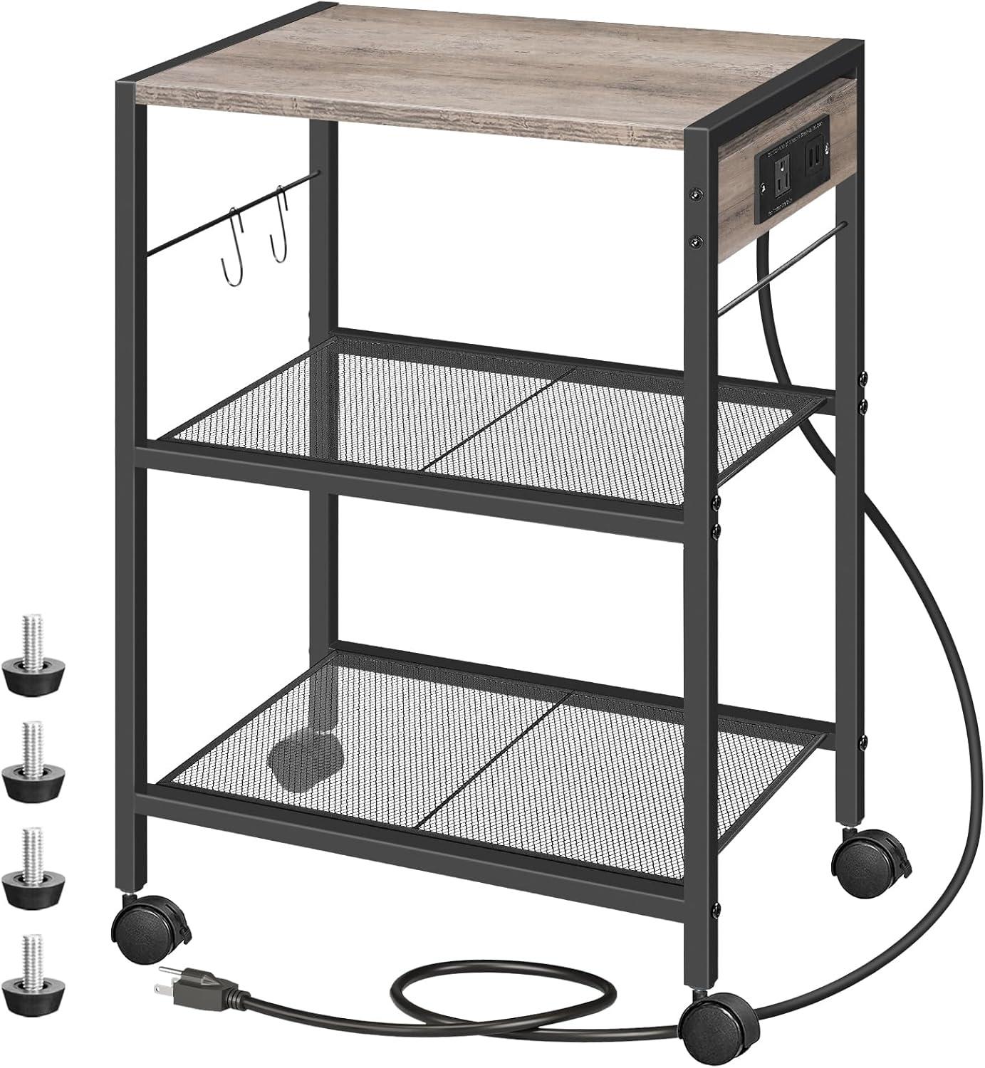 Greige and Black 3-Tier Industrial Mobile Printer Stand with Power Outlets