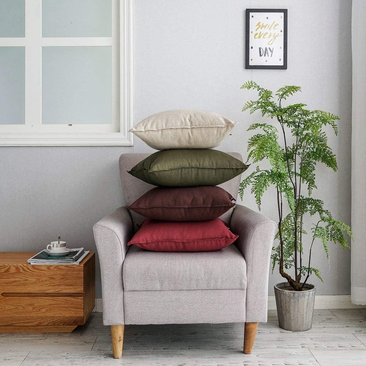 Jeanerlor Cotton Linen Square Decorative Throw Pillow Case Cushion Cover with Twin Needles Stitch on Edge, 12"x20"(30 x 50cm), 2 Pcs, Olive Green