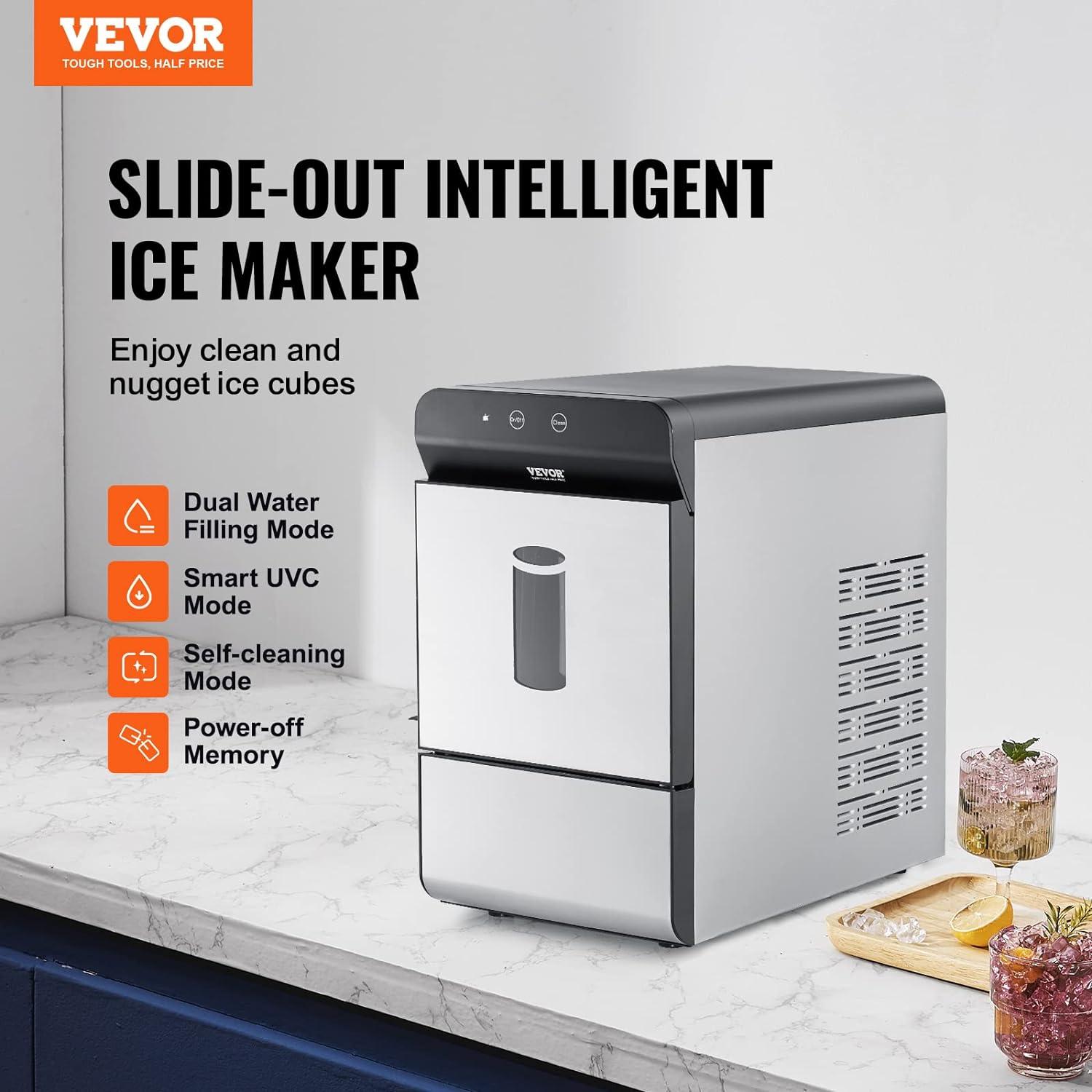 VEVOR Nugget Ice Maker, 37Lbs In 24 Hrs, Manual Auto Refill Self Cleaning Countertop Ice Maker Portable Nugget Ice Maker With Scoop And Basket