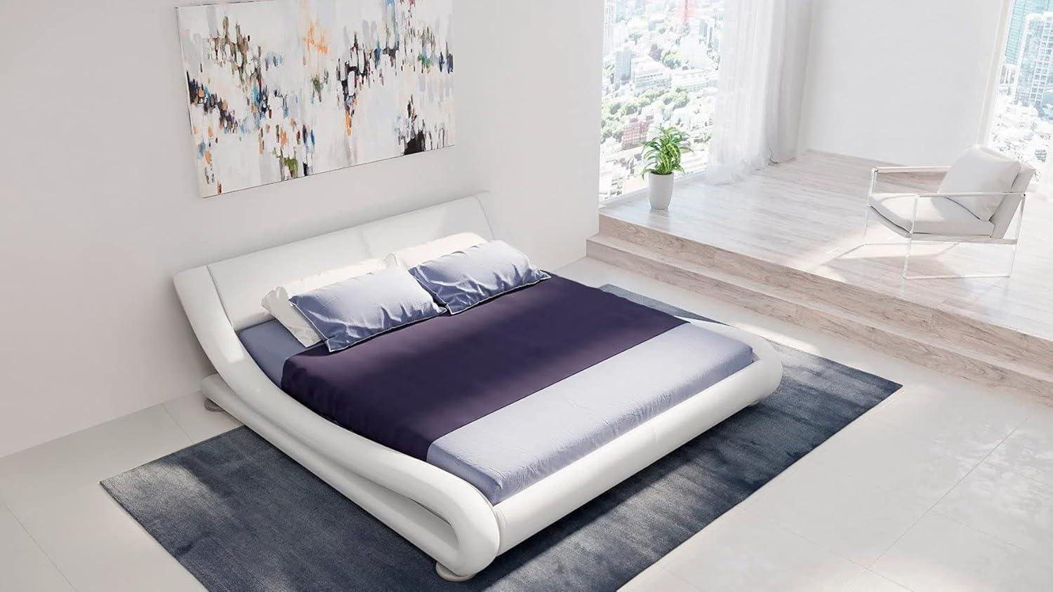 Modern White Genuine Leather Upholstered Queen Platform Bed