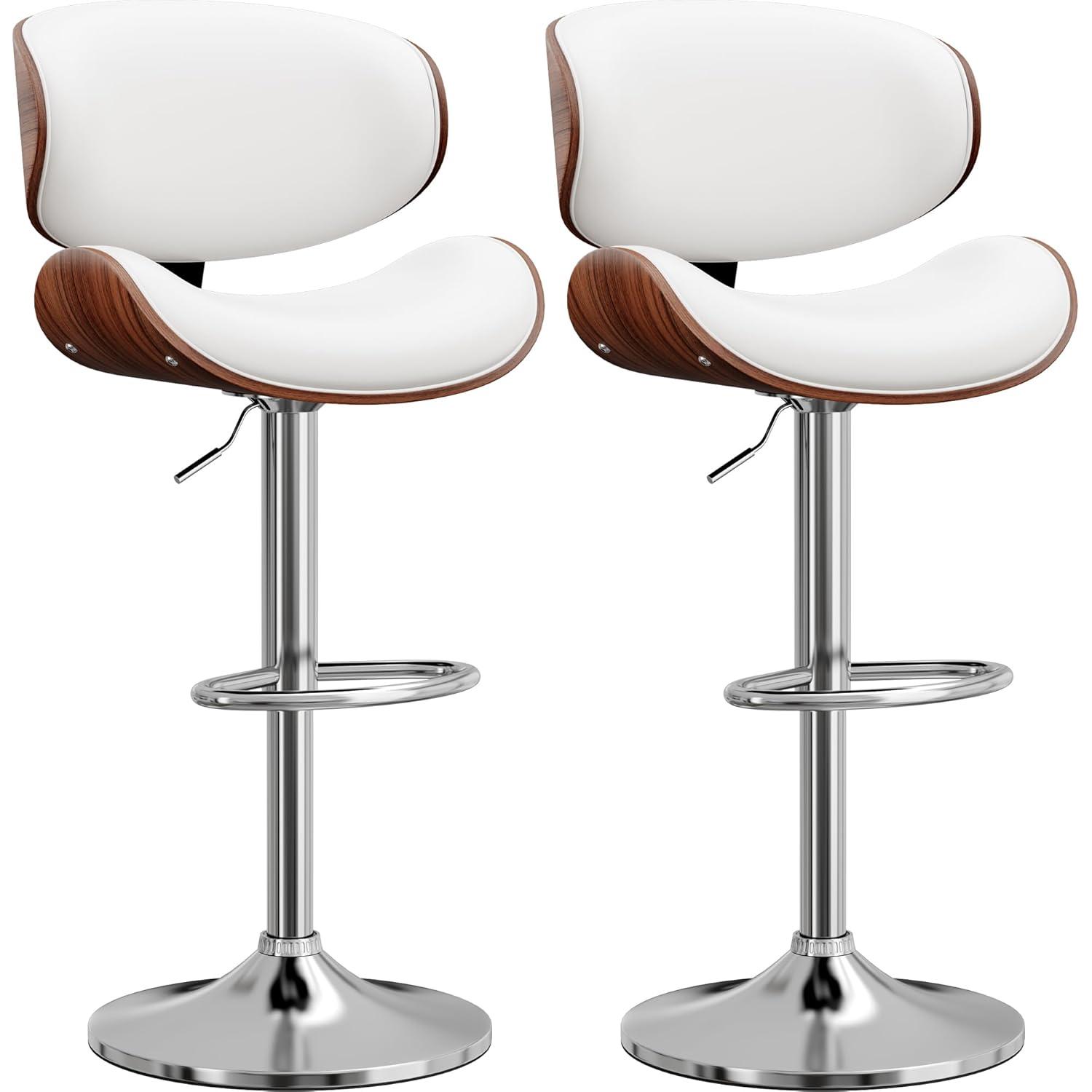 Fijinhom Bar Stools Set of 2, Adjustable Swivel Barstools with Bentwood Back & Leather Seat for Kitchen, Bar, Dining Room