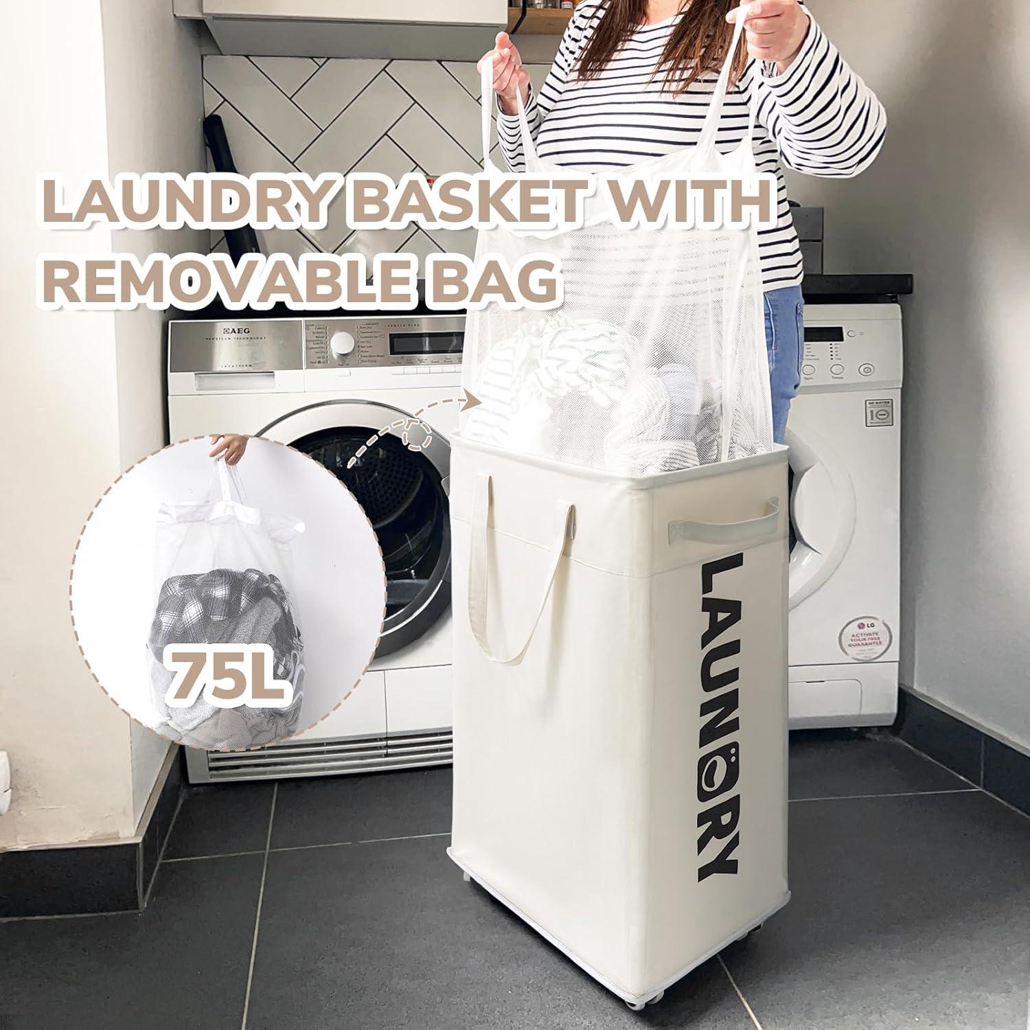 CHICVITA 2-Pack Laundry Baskets with Wheels and Handle,75L Collapsible Clothes Basket with Removable Wash Bags for Dorms and Corners, White Rolling Laundry Hamper