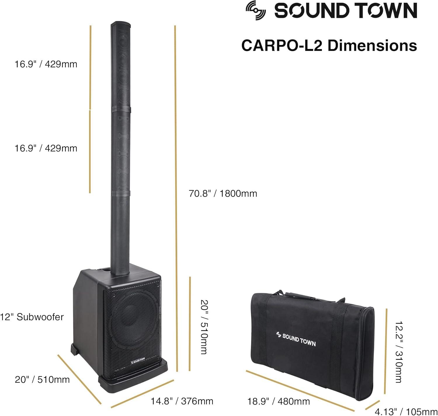 Sound Town Portable PA/DJ System w/ 12" Powered Subwoofer, 8 x 3 Column Speaker and Two UHF Wireless Microphones (CARPO-L2SWM01)