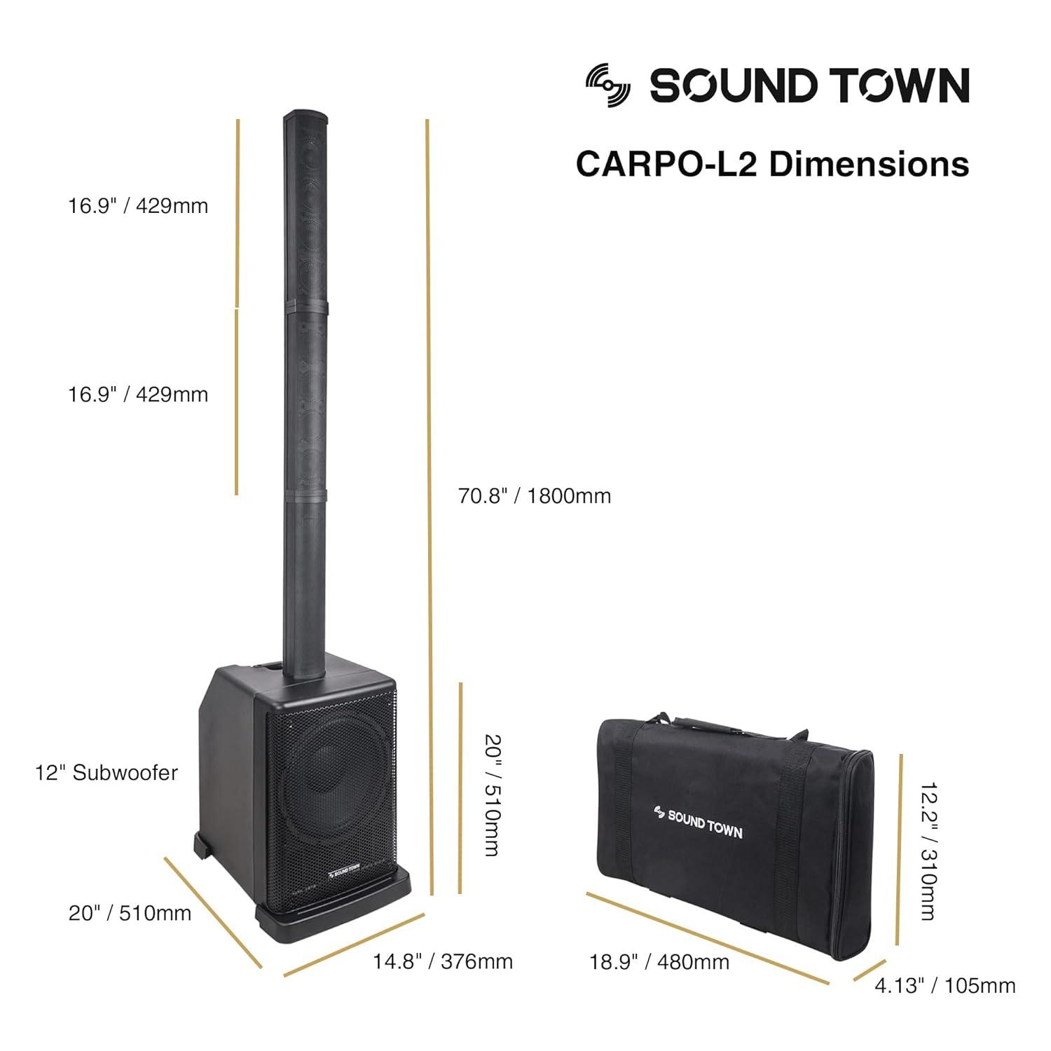 Sound Town Portable PA/DJ System w/ 12" Powered Subwoofer, 8 x 3 Column Speaker and Two UHF Wireless Microphones (CARPO-L2SWM01)