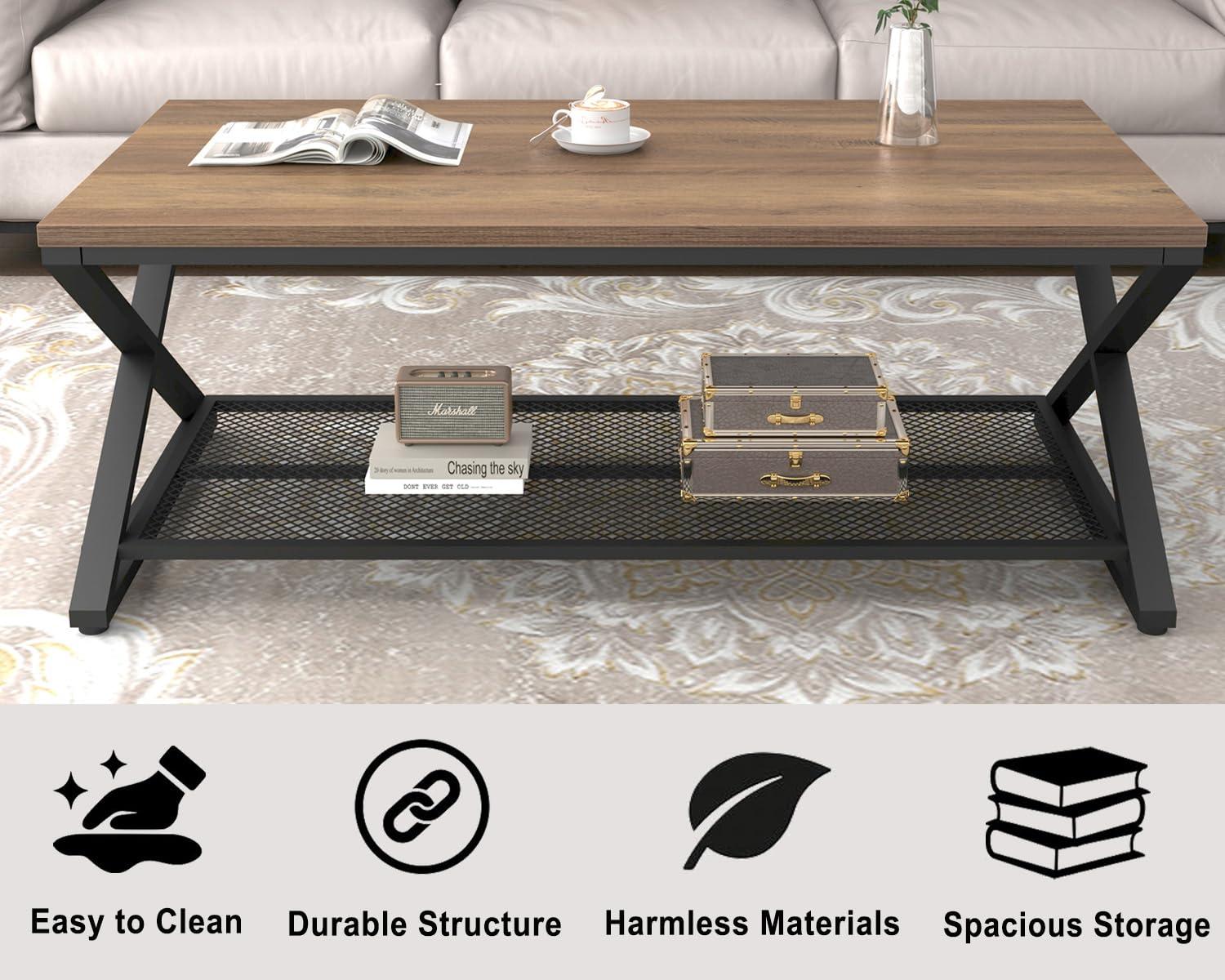 47 Inch Table with Storage Shelf, 2 Tier Rectangle Center Table Minimalist Home Tea Coffee Table