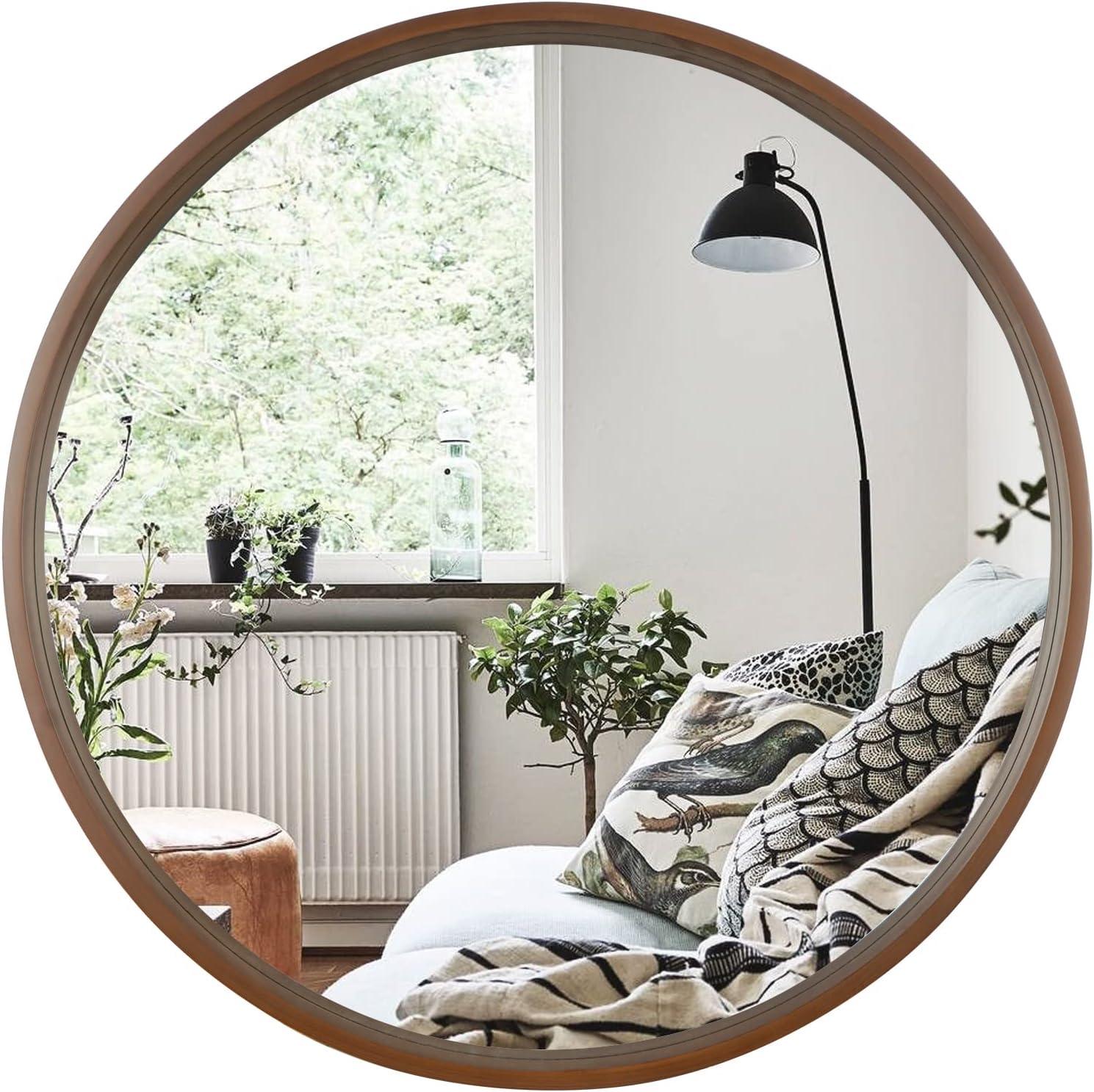 Walnut Round Pine Wood Mirror, 32" Diameter