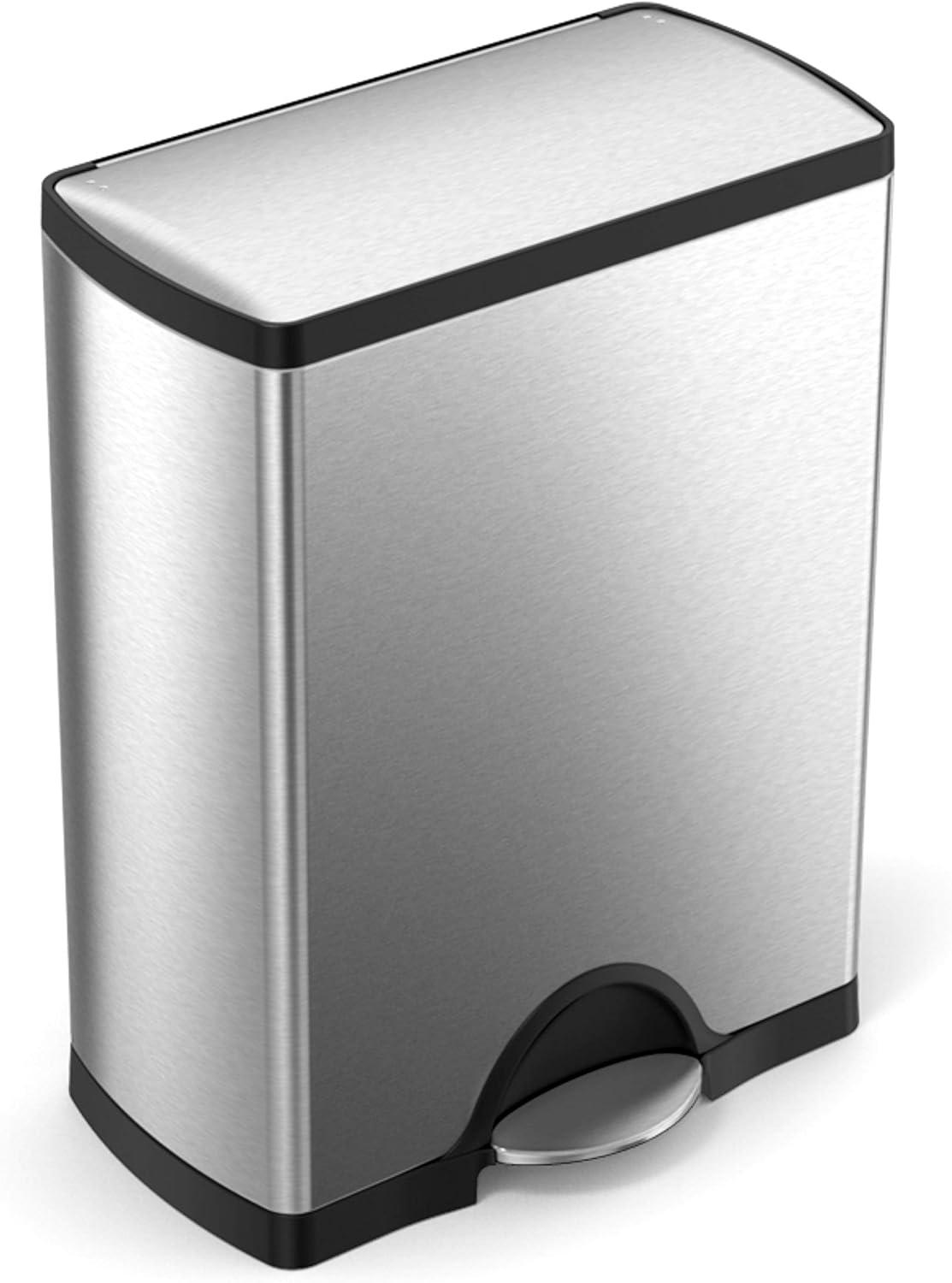 simplehuman Rectangular Dual Compartment Recycling Kitchen Step Trash Can, 46 Liter, Stainless Steel