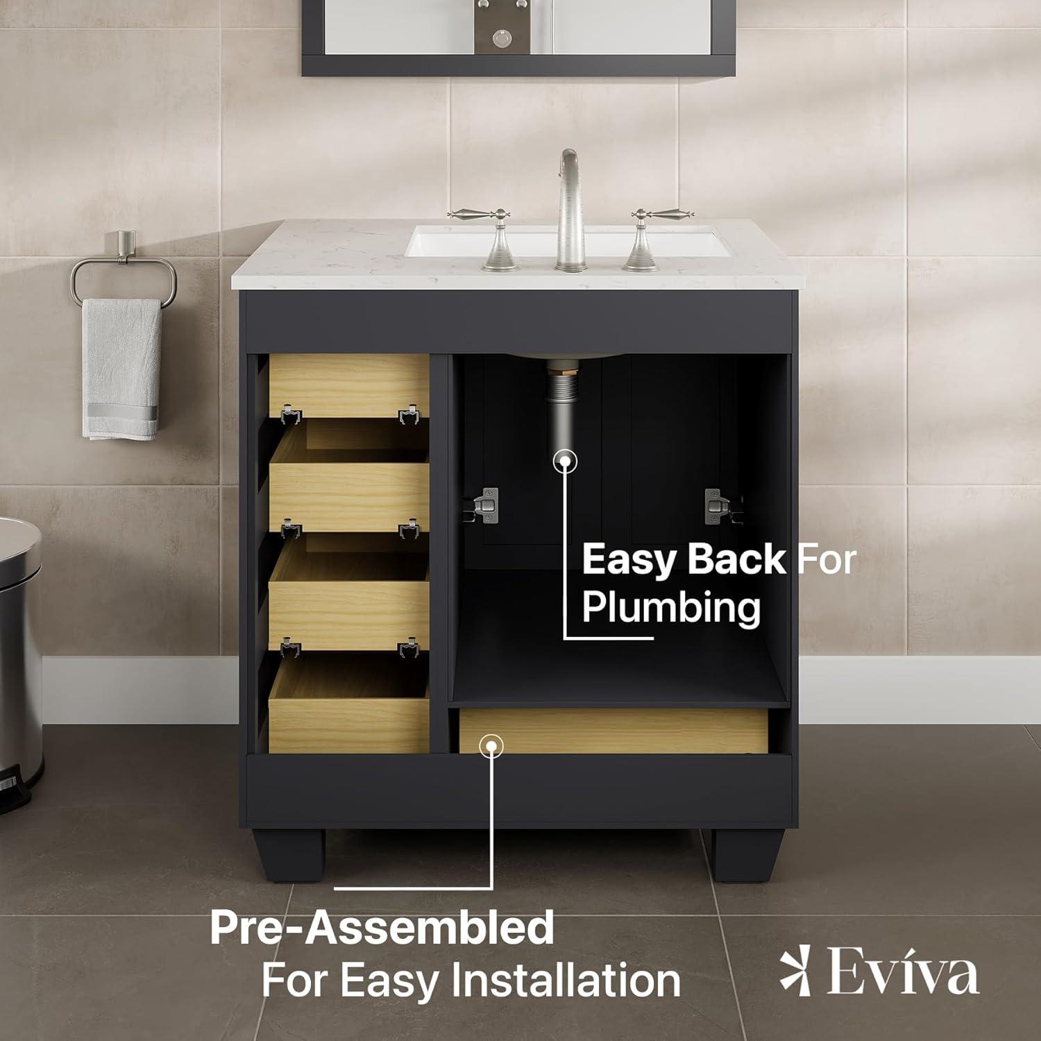 Eviva Acclaim 30"W x 22"D Drak Gray Bathroom Vanity with White Carrara Quartz Vanity Top and Rectangular Undermount Sink