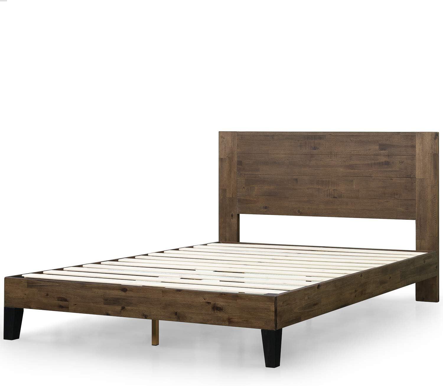 Queen Brown Wood Platform Bed Frame with Headboard and Slats