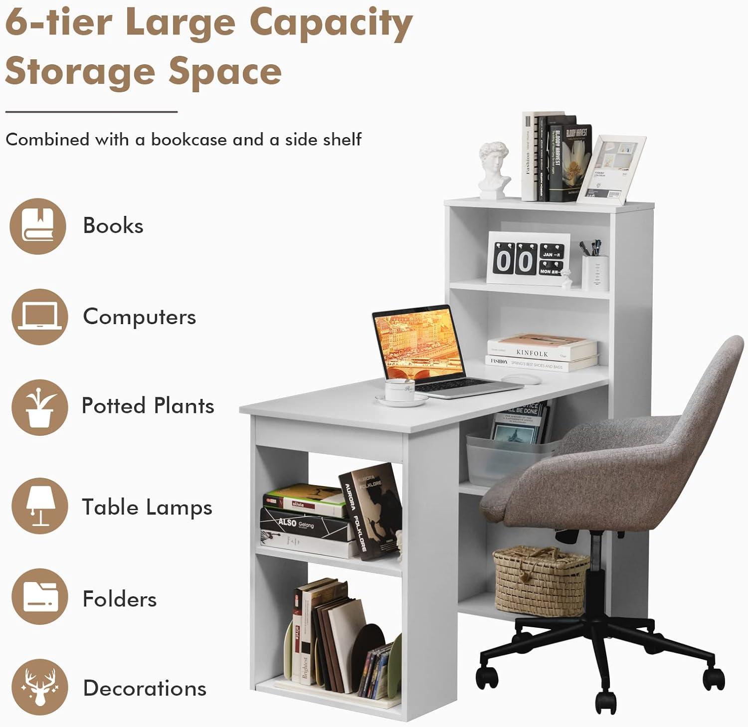 Costway Computer Desk Writing  Workstation Office w/6-Tier Storage Shelves White