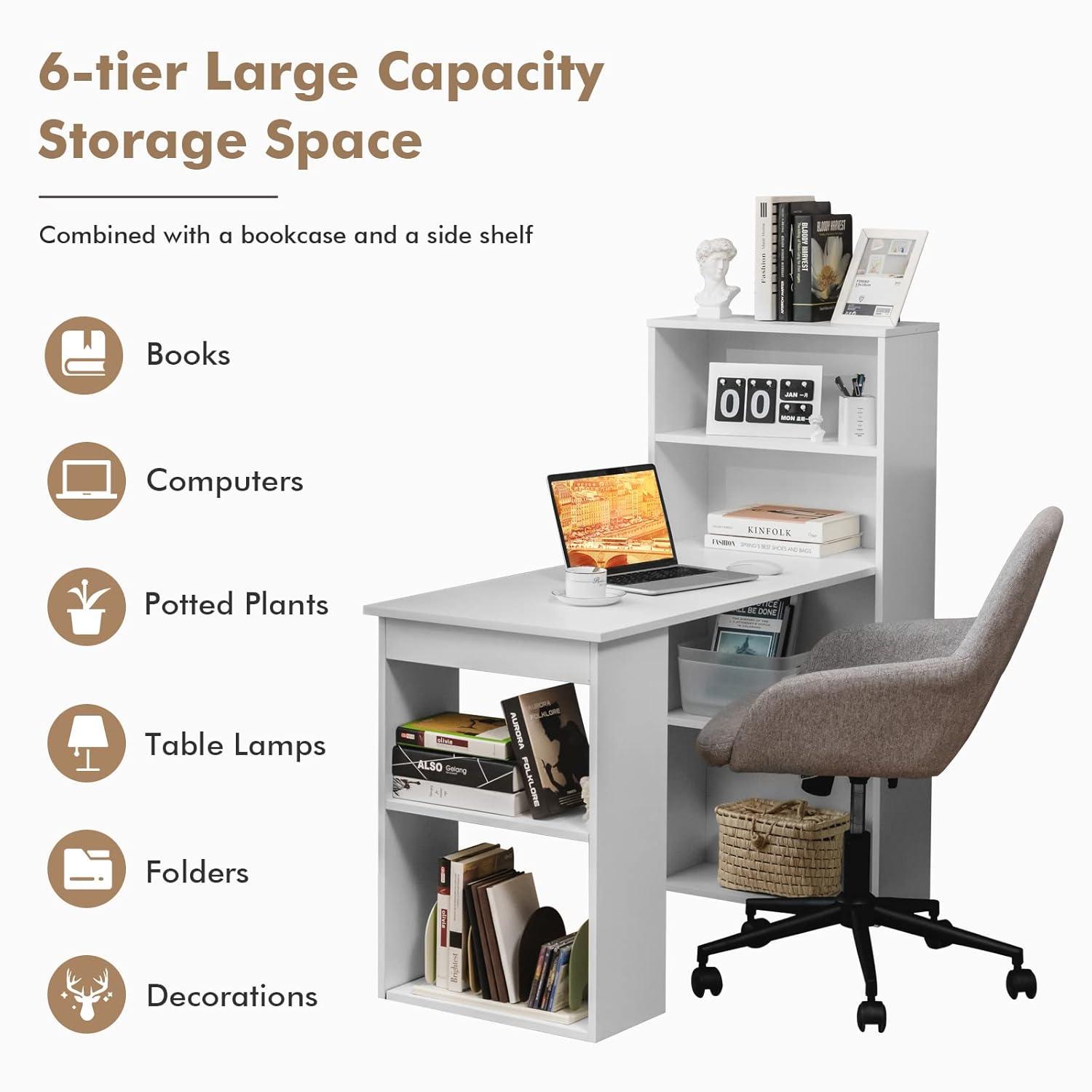 Costway Computer Desk Writing  Workstation Office w/6-Tier Storage Shelves White
