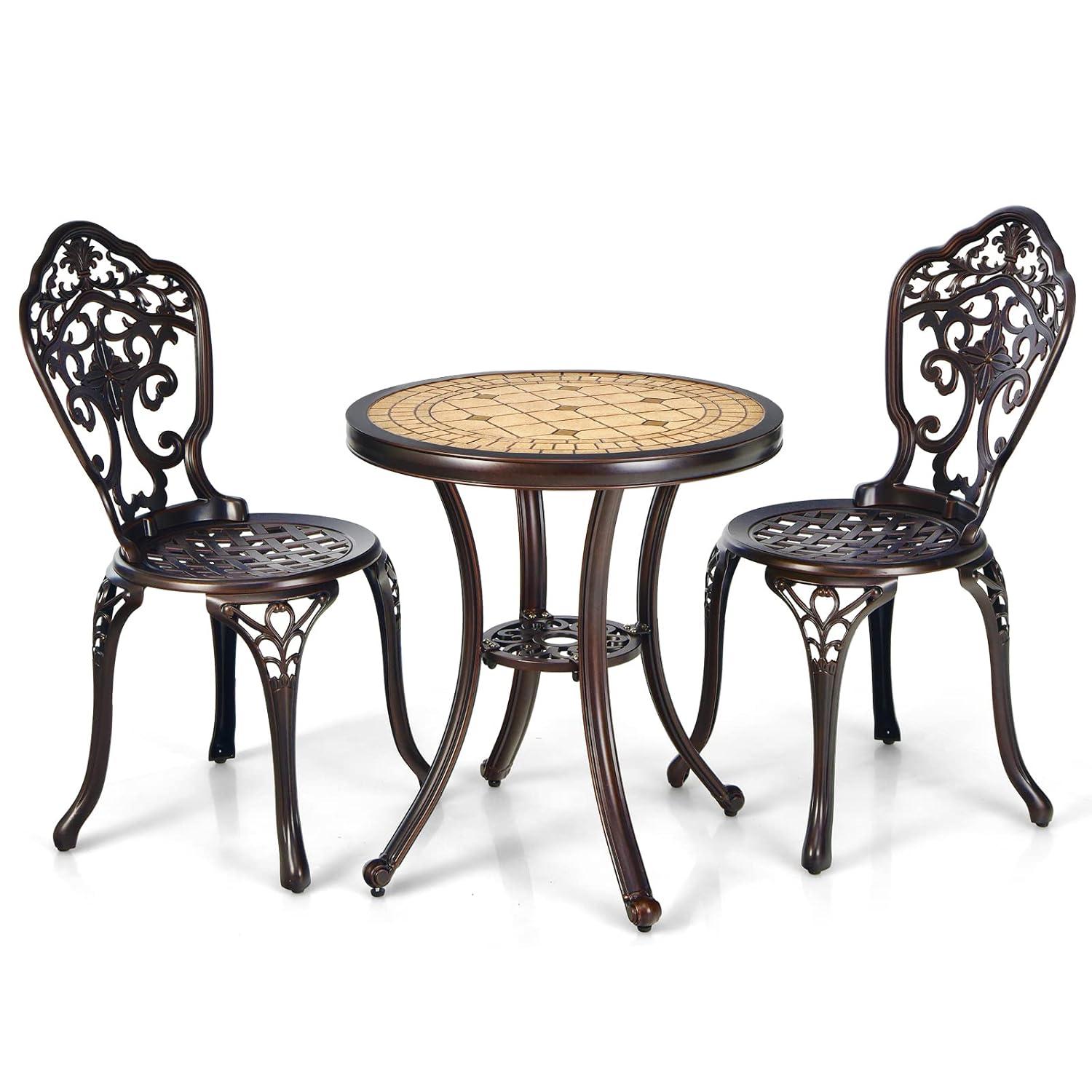 3PCS Patio Bistro Set Round Table Chairs All Weather Cast Aluminum