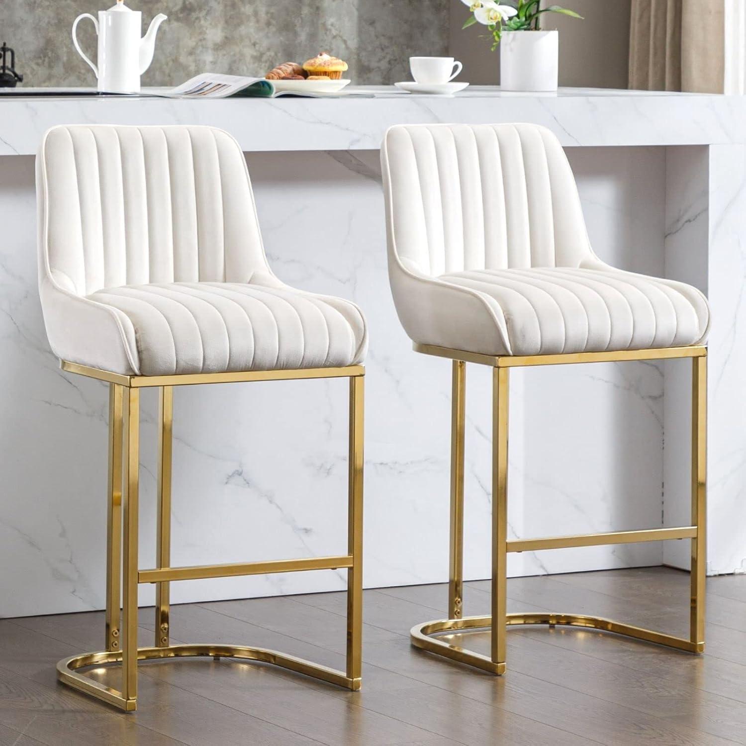 Counter Height Stools Set of 2, Velvet Bar Stools with 27 Inches Upholstered Seat Height, Handmade Woven Back Armrest, Sturdy Golden Metal Legs for Home Dining Pub Kitchen Island, Beige