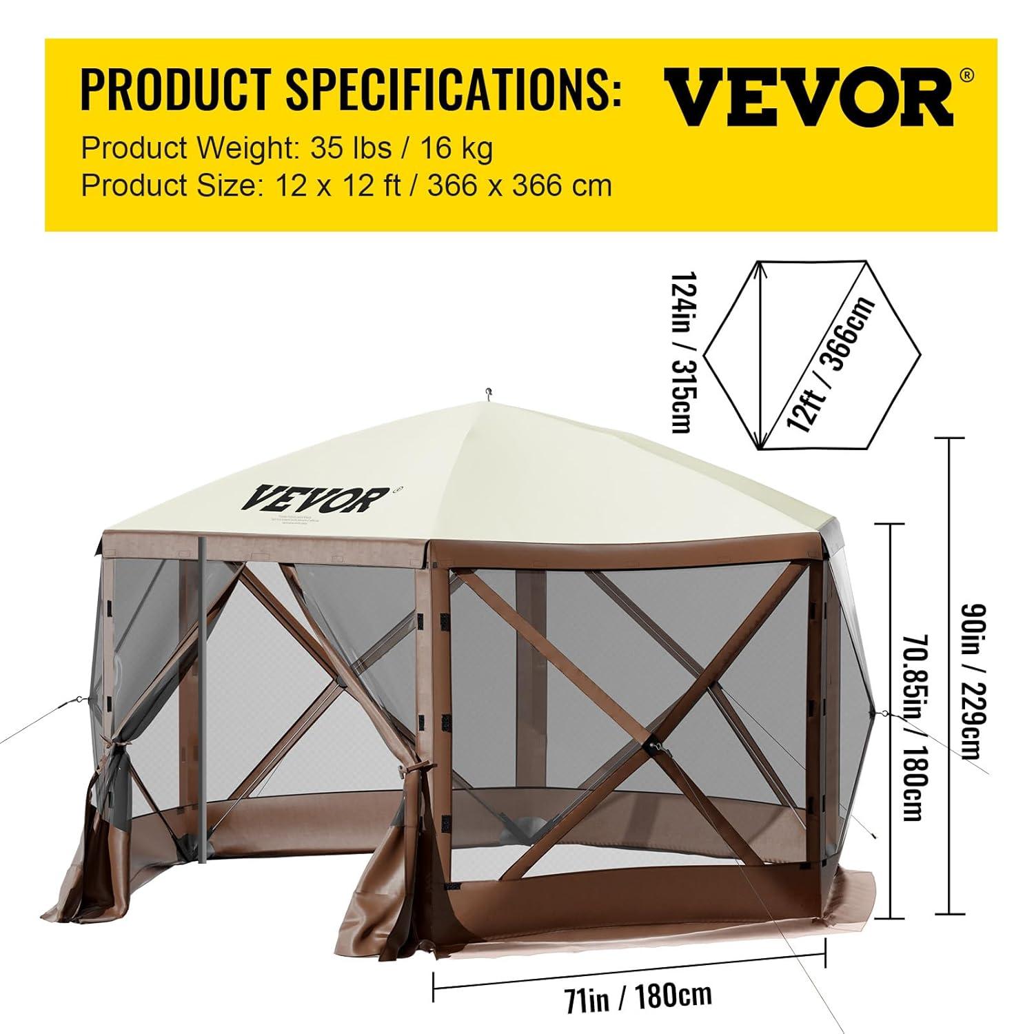 VEVOR Pop Up Gazebo Screen Tent 12 x 12 Ft, 6-Sided Camping Gazebo Instant Canopy Sun Shelter with 6 Removable Privacy Wind Cloths, Mosquito Netting, 300D Oxford Cloth for Patio, Backyard, Lawn