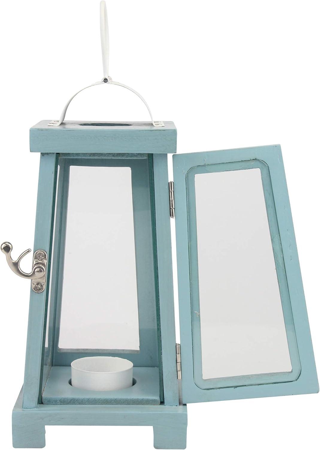 Nautical Blue Painted Wood Tabletop Hurricane Candle Lantern