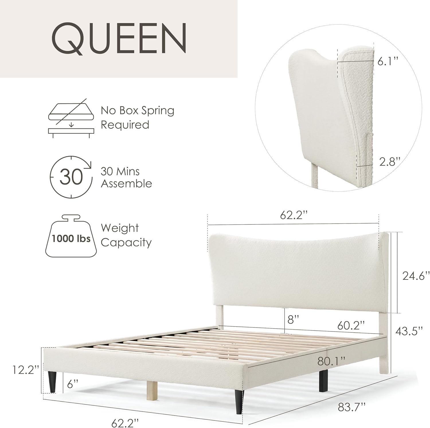 24/7 Shop At Home Queen Heartwild Modern Boucle Upholstered Wingback Platform Bed White