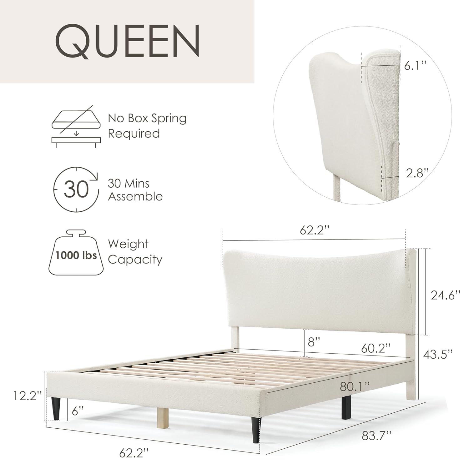 24/7 Shop At Home Queen Heartwild Modern Boucle Upholstered Wingback Platform Bed White