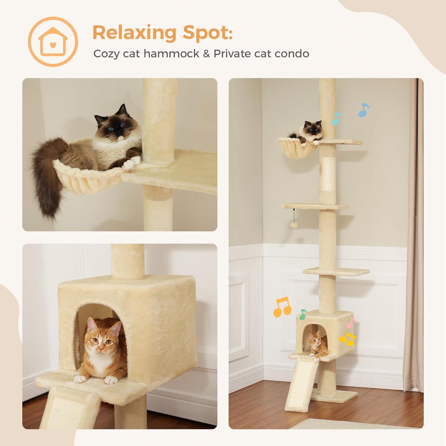 Adjustable Height Floor To Ceiling 5-Tier Tall Cat Tree Tower For Indoor Cats With Cat Condo, Cat Scratching Post And Cat Ladder