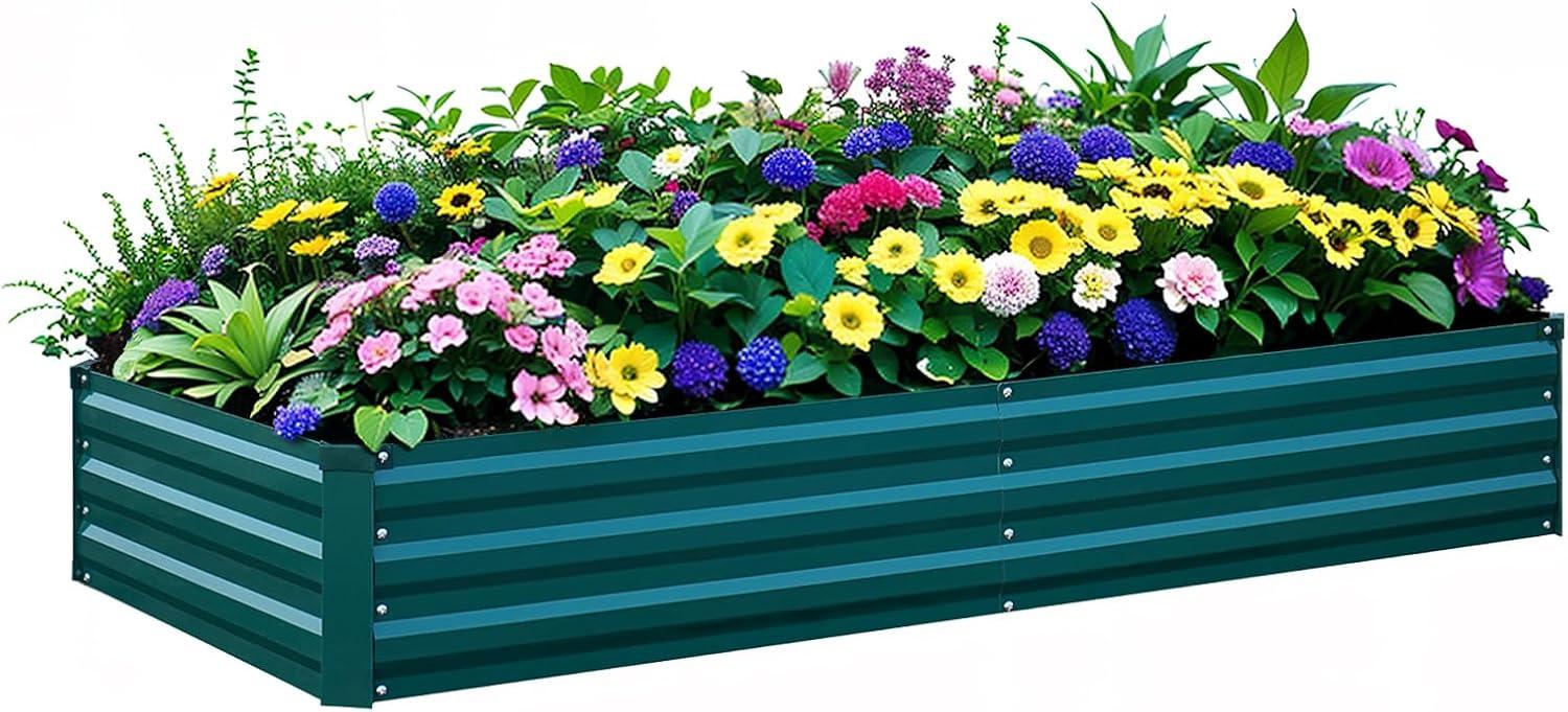 Green Galvanized Steel Outdoor Raised Garden Bed, 8x4x1FT