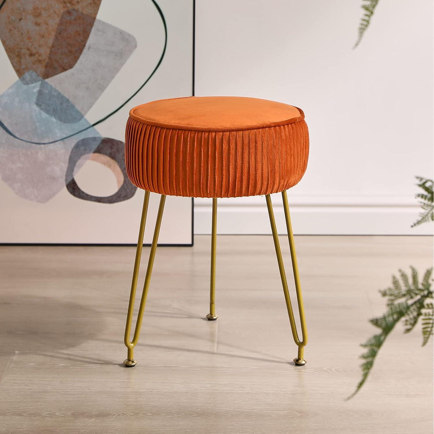 Orange Velvet Round Ottoman with Golden Steel Legs