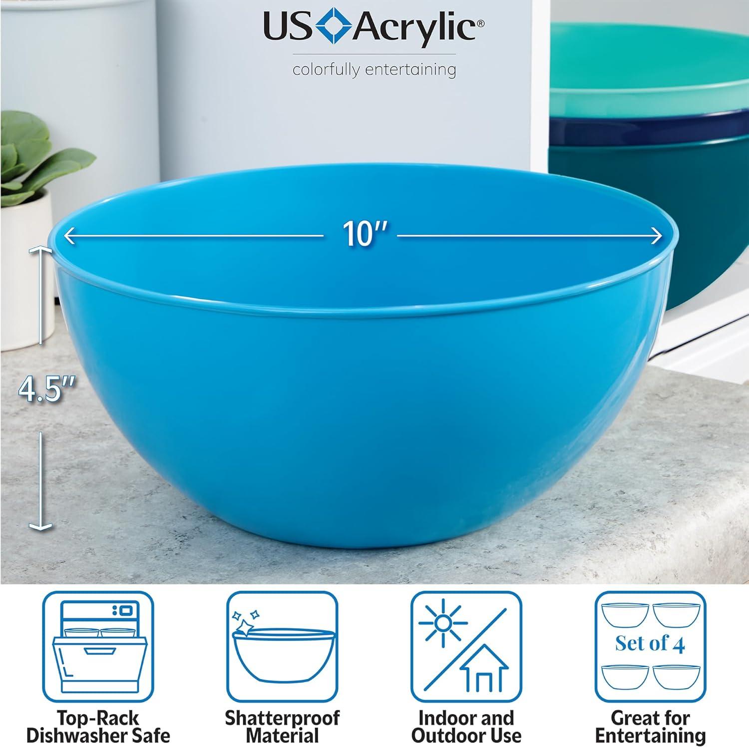 US Acrylic Vista Durable Plastic Salad and Serving 10-inch Bowls | Set of 4 in Coastal Colors | Reusable, BPA-free, Made in the USA | 135 oz. capacity