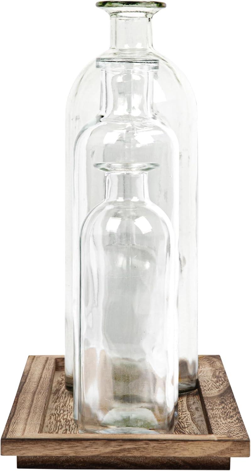 Creative Co-Op Set of 5 Vintage Bottle Vases on Wood Tray, Clear and Natural, Set of 6