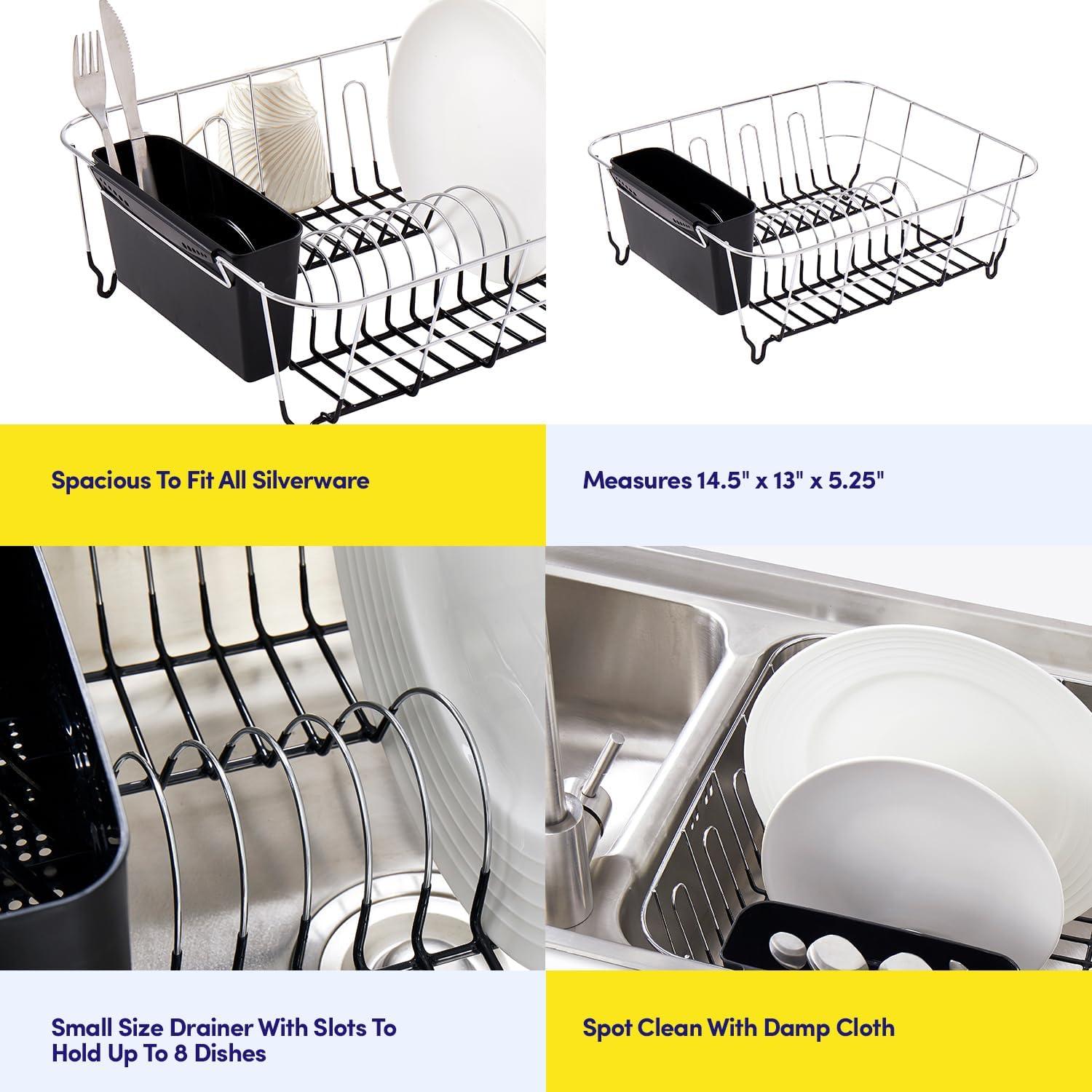 Compact Black and Chrome Dish Drying Rack with Utensil Cup