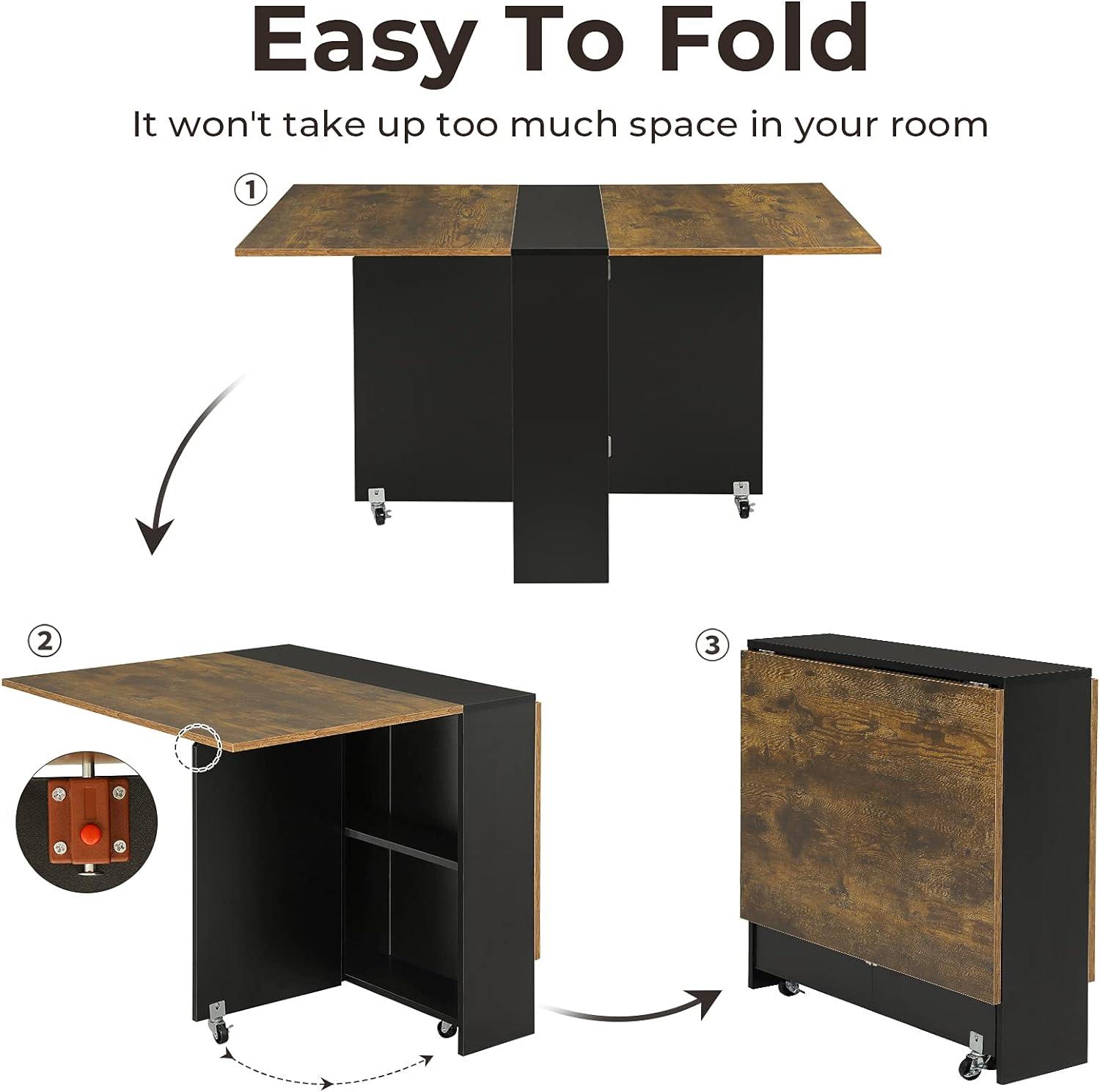 Tiptiper Folding Dining Table with 6 Wheels, Drop Leaf Tables for Small Spaces, Foldable Dining Table with 2-Layer Storage Rack, Folding Kitchen Table, Rustic Brown and Black
