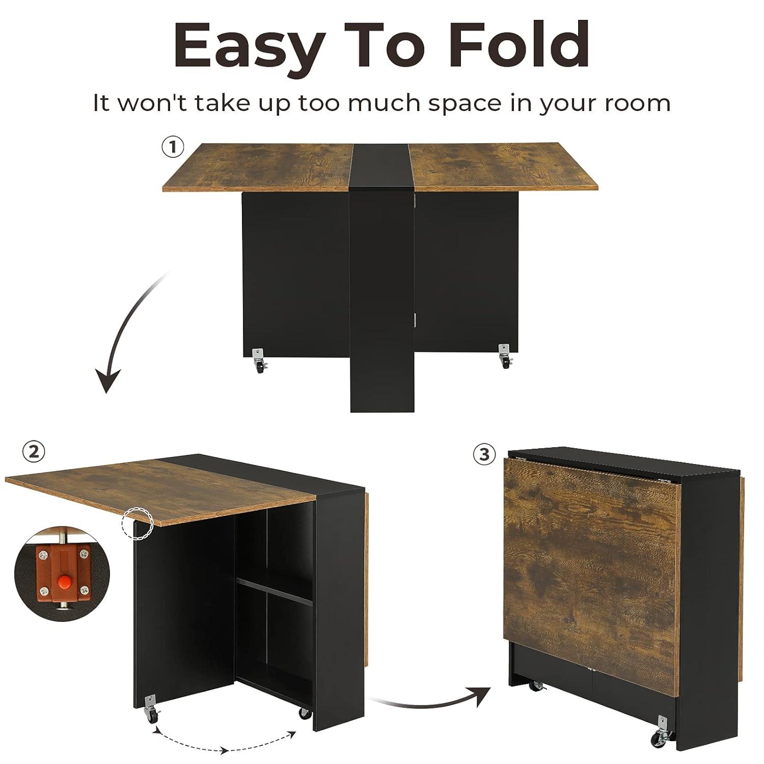 Tiptiper Folding Dining Table with 6 Wheels, Drop Leaf Tables for Small Spaces, Foldable Dining Table with 2-Layer Storage Rack, Folding Kitchen Table, Rustic Brown and Black