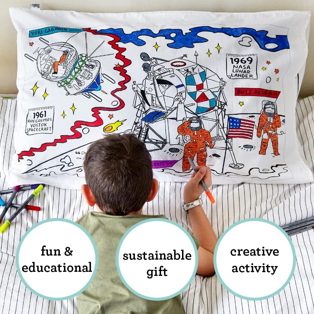 eatsleepdoodle Coloring Cotton Pillowcase with washable markers - Space Explorer Color in Activity Craft Kit Age 3+