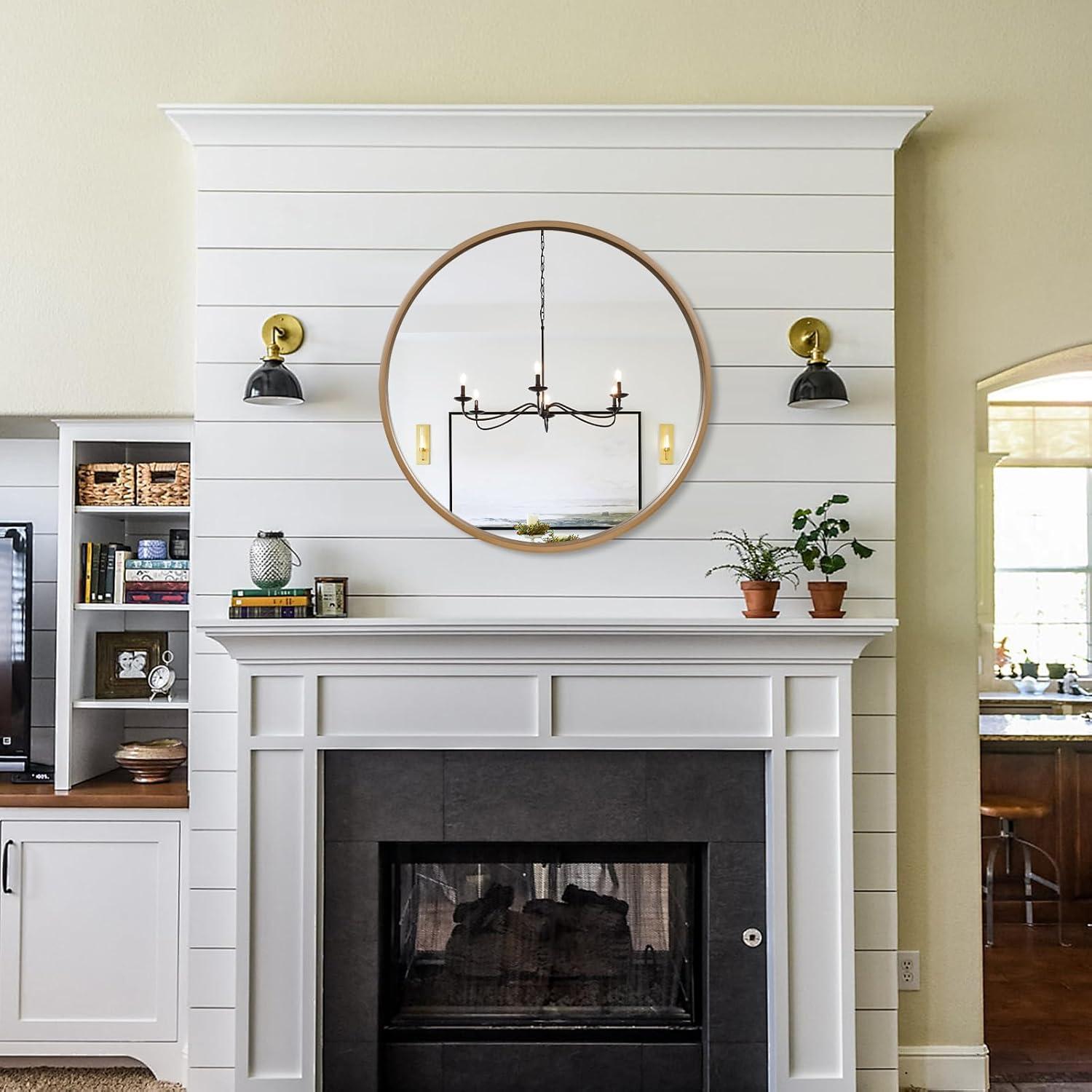 WallBeyond Classic Wooden Frame Farmhouse Round Wall Mirror Satin Black 24 inches Black