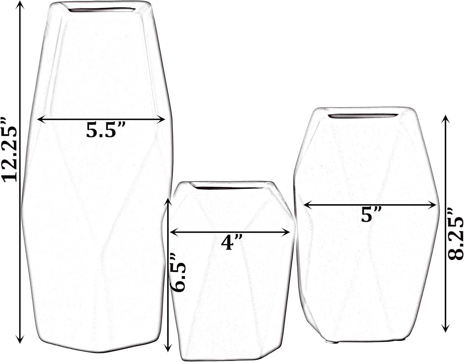 Uniquewise Decorative Ceramic Multi Paned Vase, Modern Style Centerpiece Table Vase Set of 3, Beige Large, White Medium, And Green Small