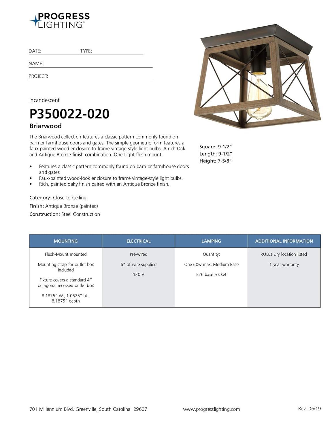 Progress Lighting Briarwood 1-Light Flush Mount, Antique Bronze, Faux-Painted Wood Shade