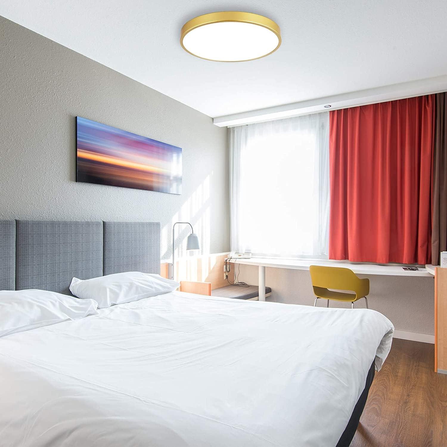 Brushed Gold 9 Inch Flush Mount Ceiling Light, 3000K-5000K Dimmable, 20W Low Profile Metal LED Ceiling Light, Round Flat Pane Surface Mount Lighting Fixture