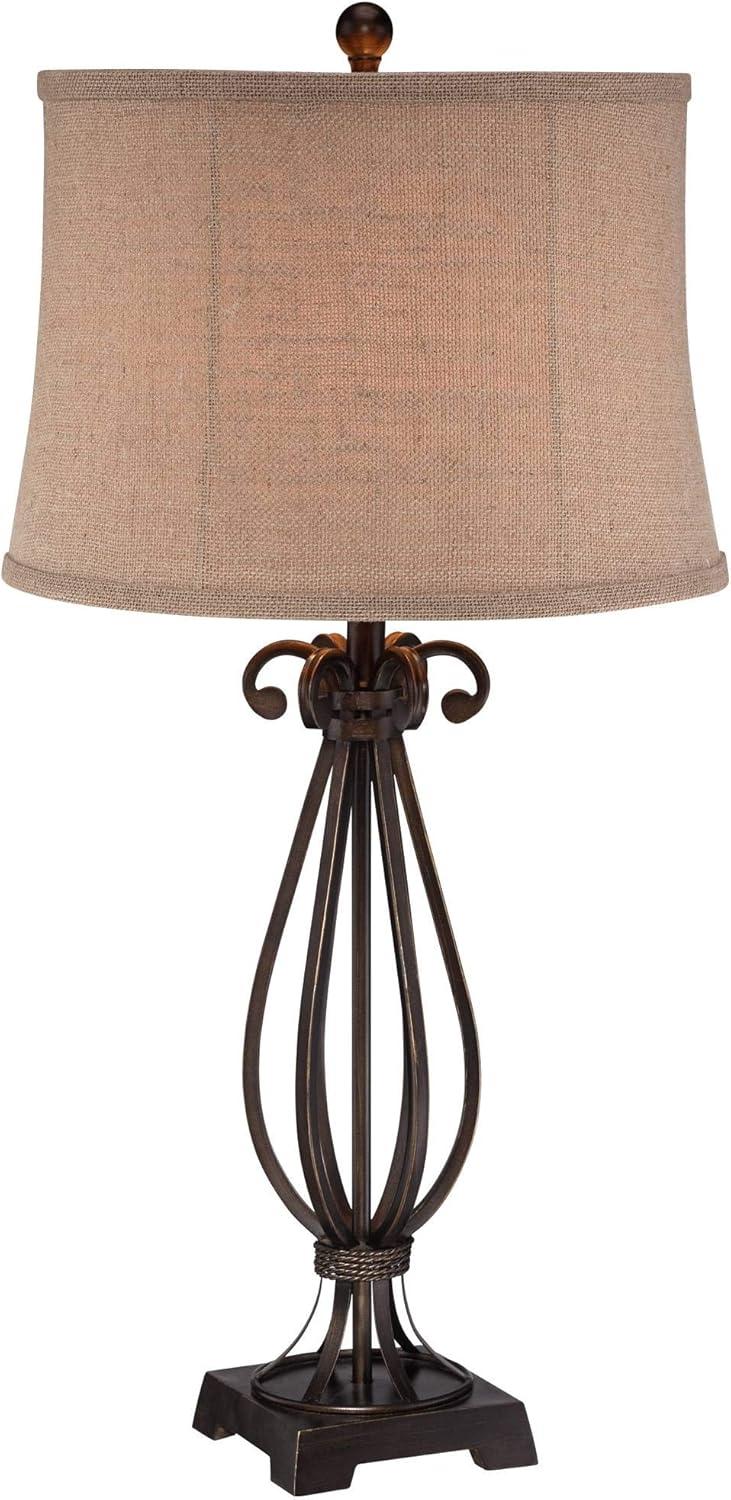 Regency Hill Taos Traditional Table Lamp 32" Tall Iron Open Scroll Base Neutral Burlap Shade for Bedroom Living Room Bedside Nightstand Office Kids