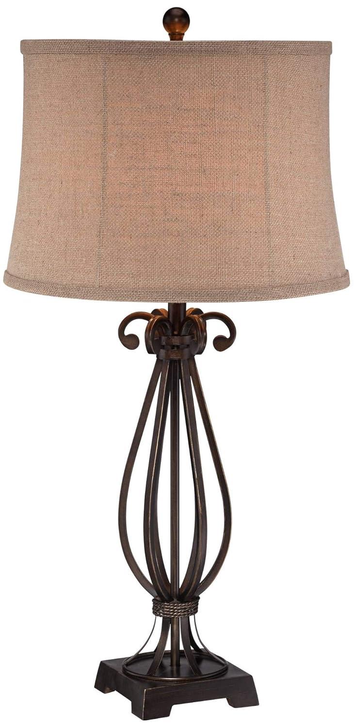 Regency Hill Taos Traditional Table Lamp 32" Tall Iron Open Scroll Base Neutral Burlap Shade for Bedroom Living Room Bedside Nightstand Office Kids