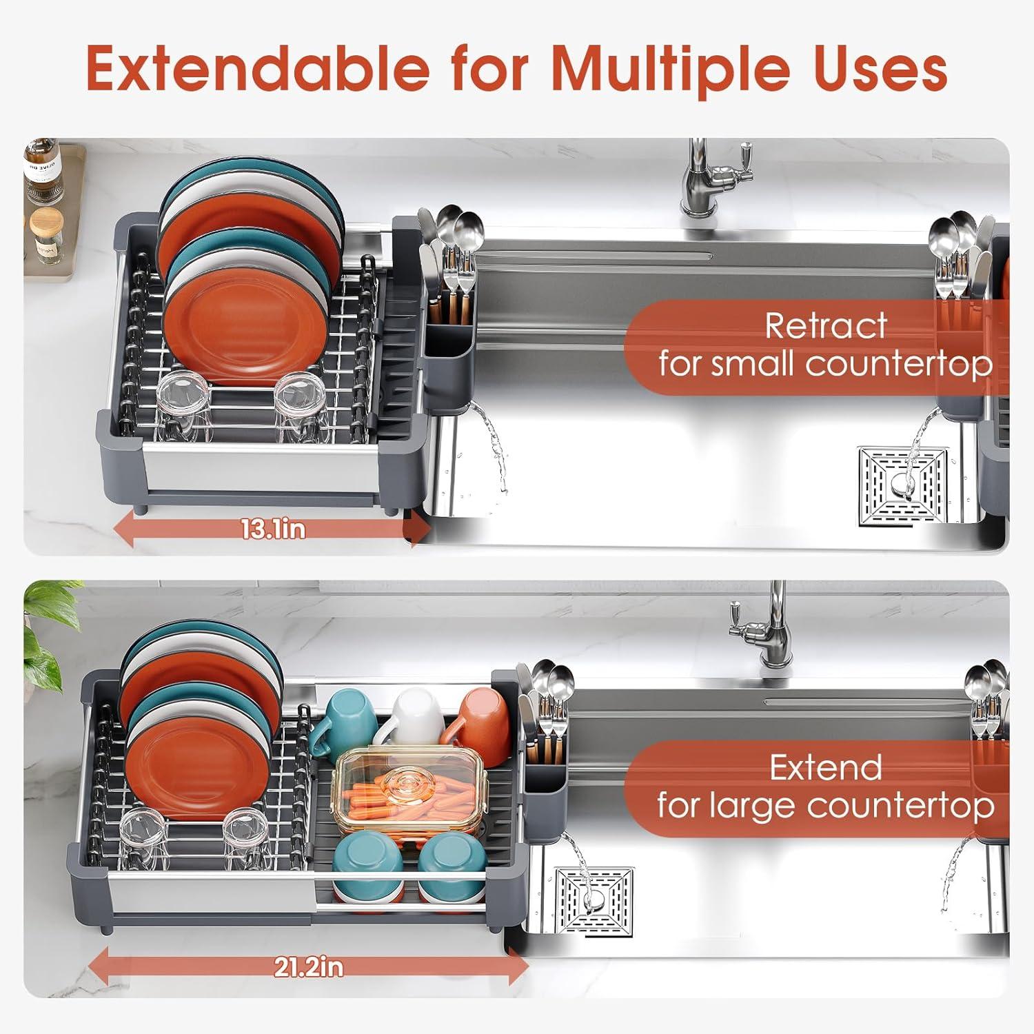 TOOLF Extendable Dish Rack, Dual Part Dish Drainers with Non-Scratch and Movable Cutlery Drainer and Drainage Spout, Adjustable Dish Drying Rack for Kitchen, 1 Piece White