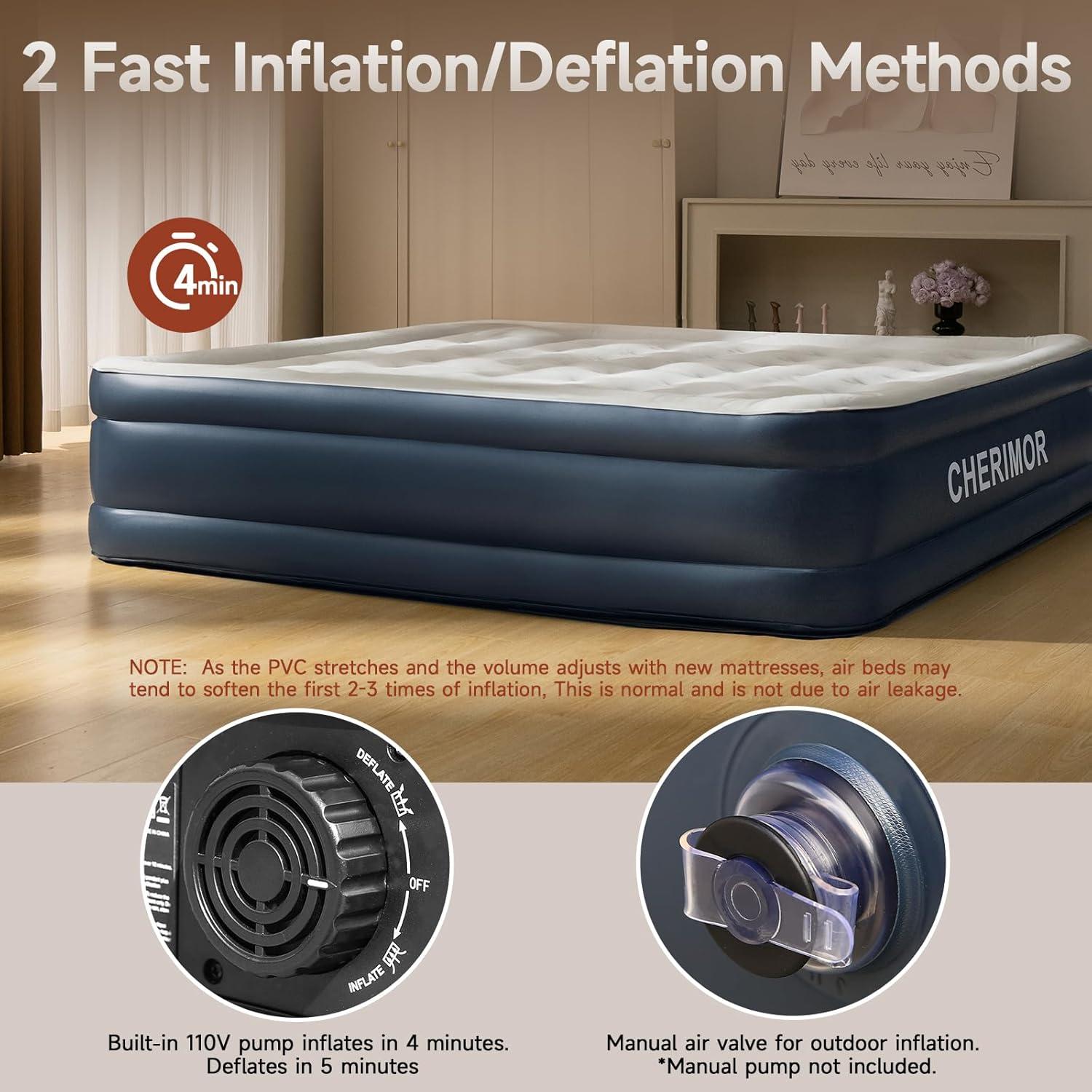 California King Size Navy and White Raised Air Mattress with Built-in Pump