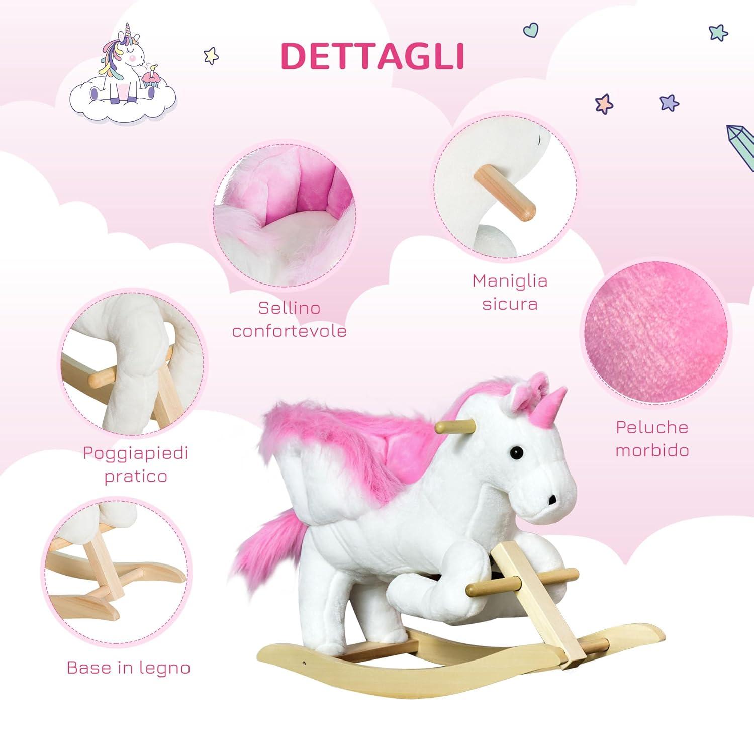 Qaba Kids Rocking Horse, Wooden Plush Ride-On Unicorn Chair Toy with Lullby Song for 18-36 months children